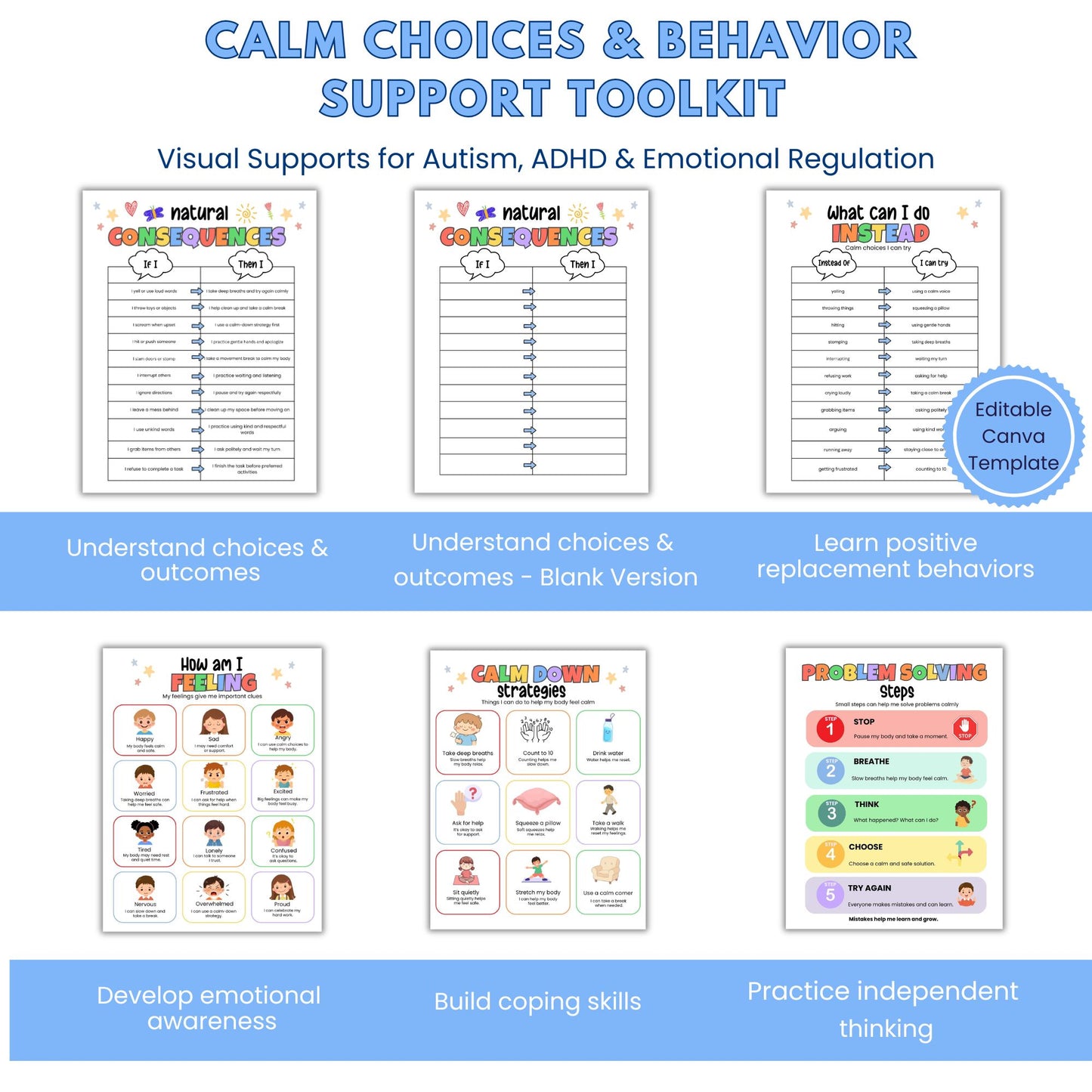 Autism ADHD behavior support toolkit featuring natural consequences chart, problem solving activities, and emotional regulation supports