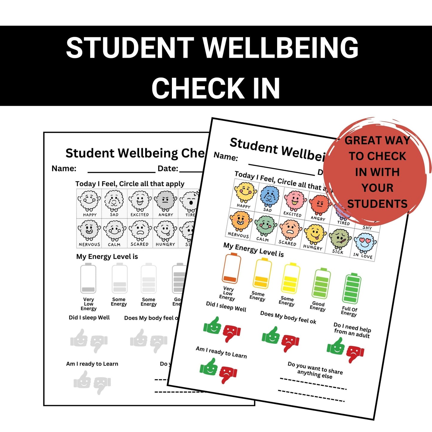 Student Wellness Check-In Sheet | Daily Wellbeing & Emotions Tracker | Teacher Resource for Elementary Students