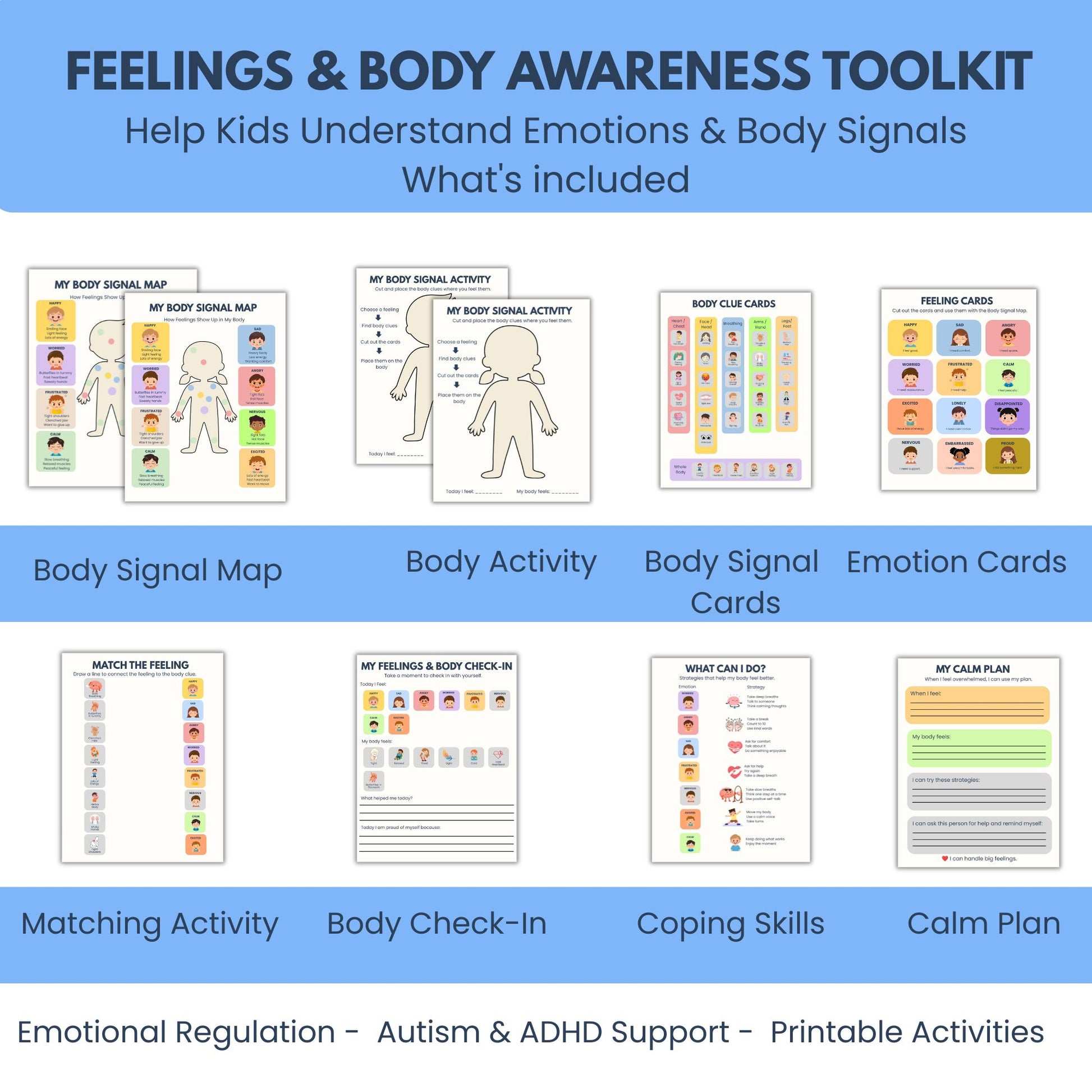Body signal map worksheet helping children identify emotions and body sensations for emotional regulation