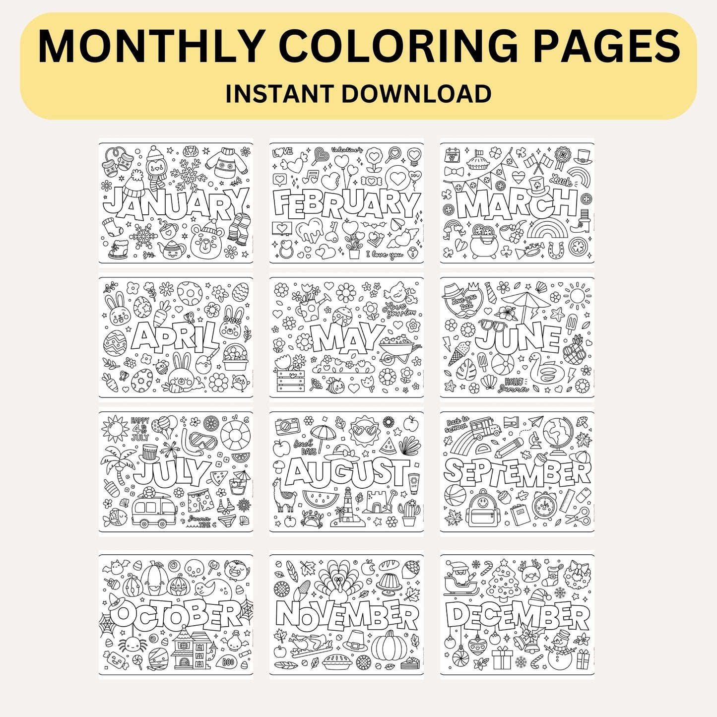 All 12 Months Color Sheets | Monthly Coloring Pages January Through December | Digital Downloads for Preschool Learning