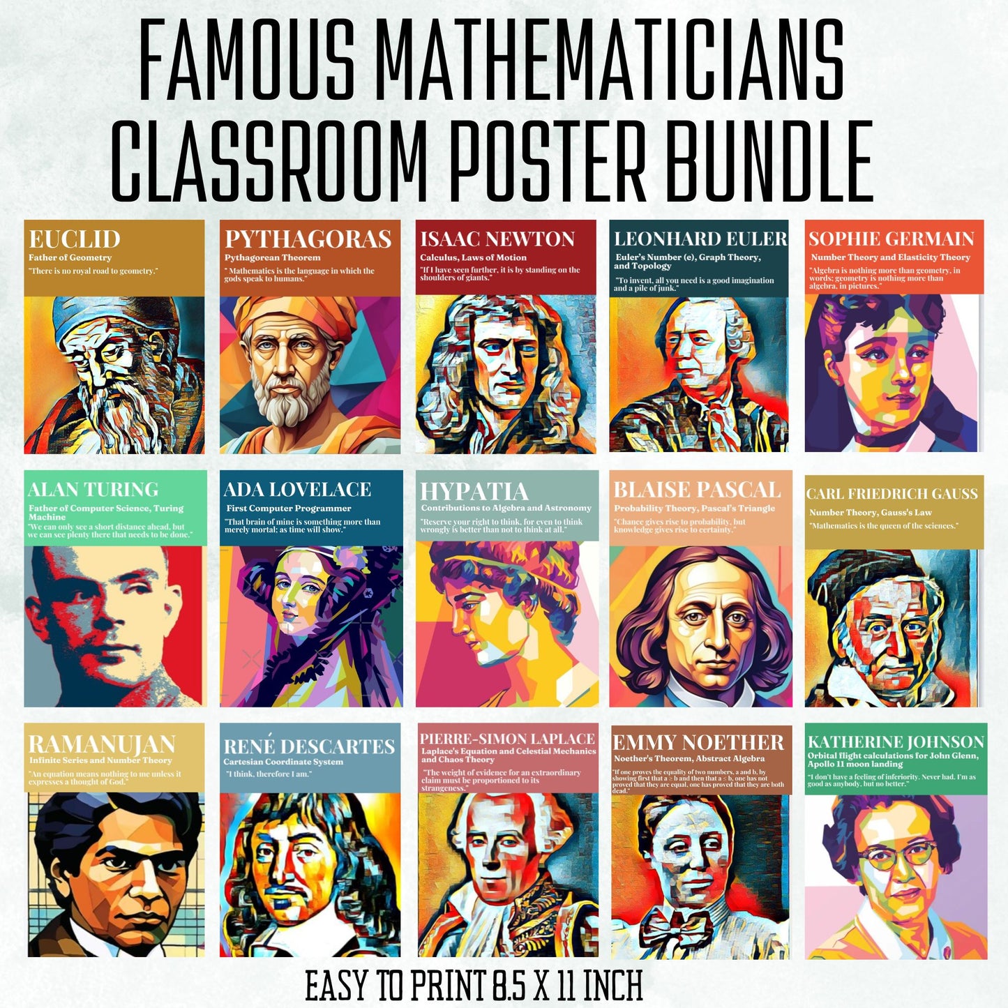 Famous Mathematicians Posters Set  of 15 Inspiring Classroom Decor Math Bulletin Board Mathematics Posters Mathematicians Quotes Bundle Geometry Physics Calculus Posters Maths Teacher Wall Art Newton Euclid