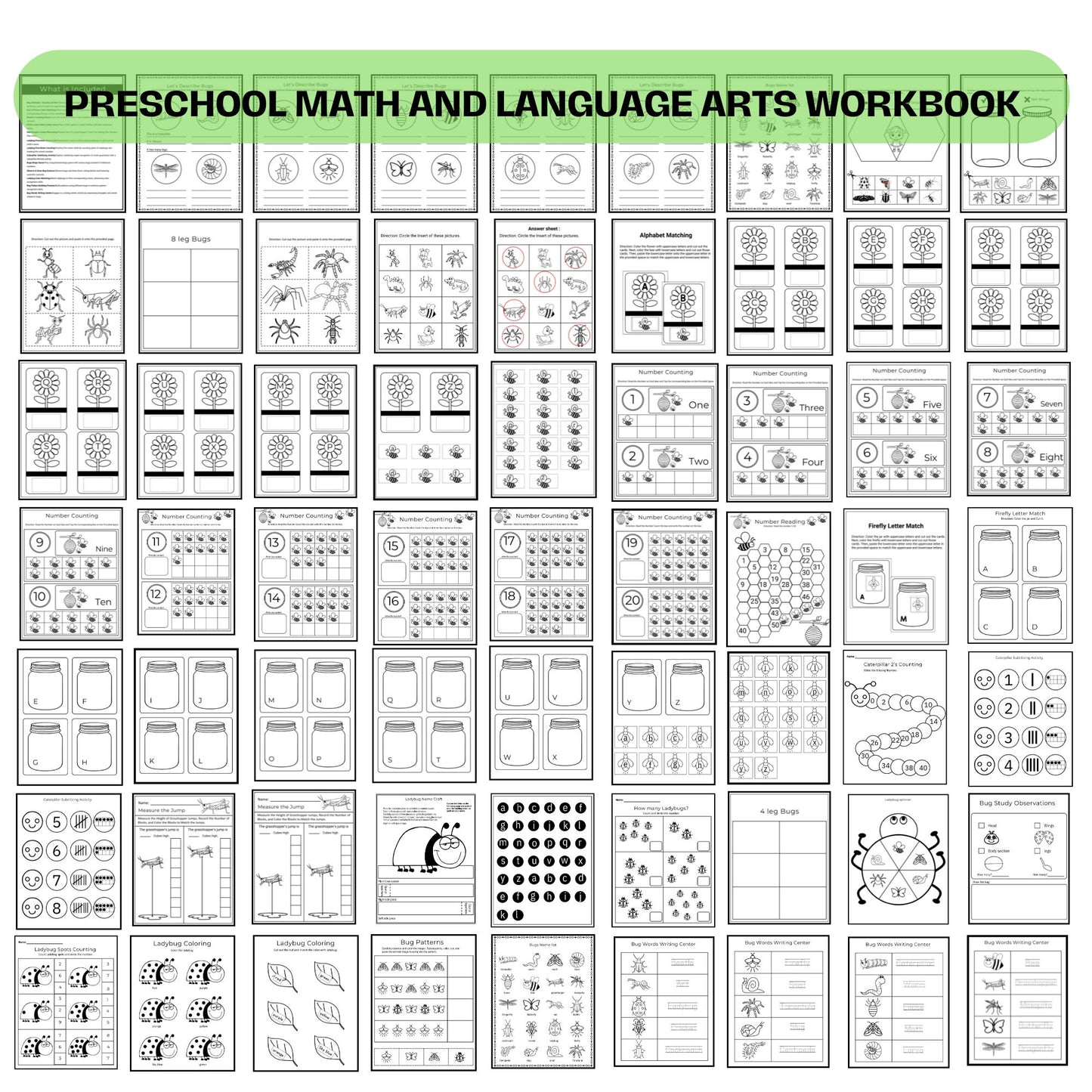 Printable Preschool Workbook | Insect Theme Toddler Activities | Homeschool Worksheets for Math and English