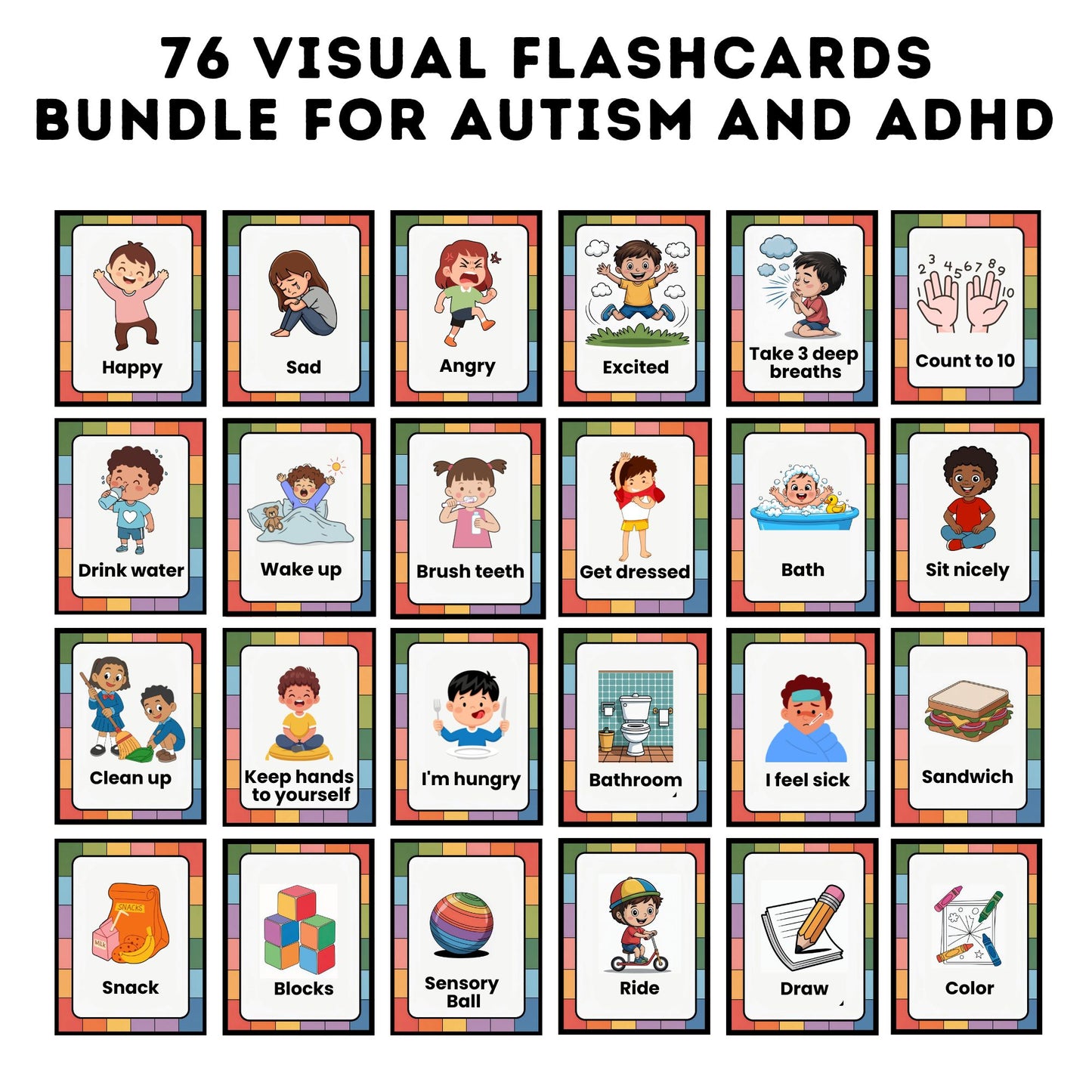 Autism & ADHD Visual Flashcards Bundle – Emotions, Routines and Communication (76 Cards)