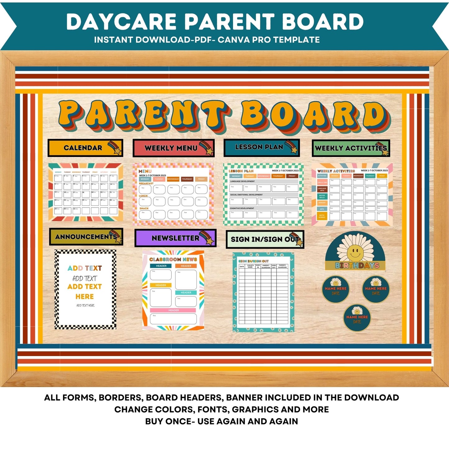 Daycare Parent Bulletin Board Template | Editable Canva Childcare Info Board | Daycare Management & Organization Forms