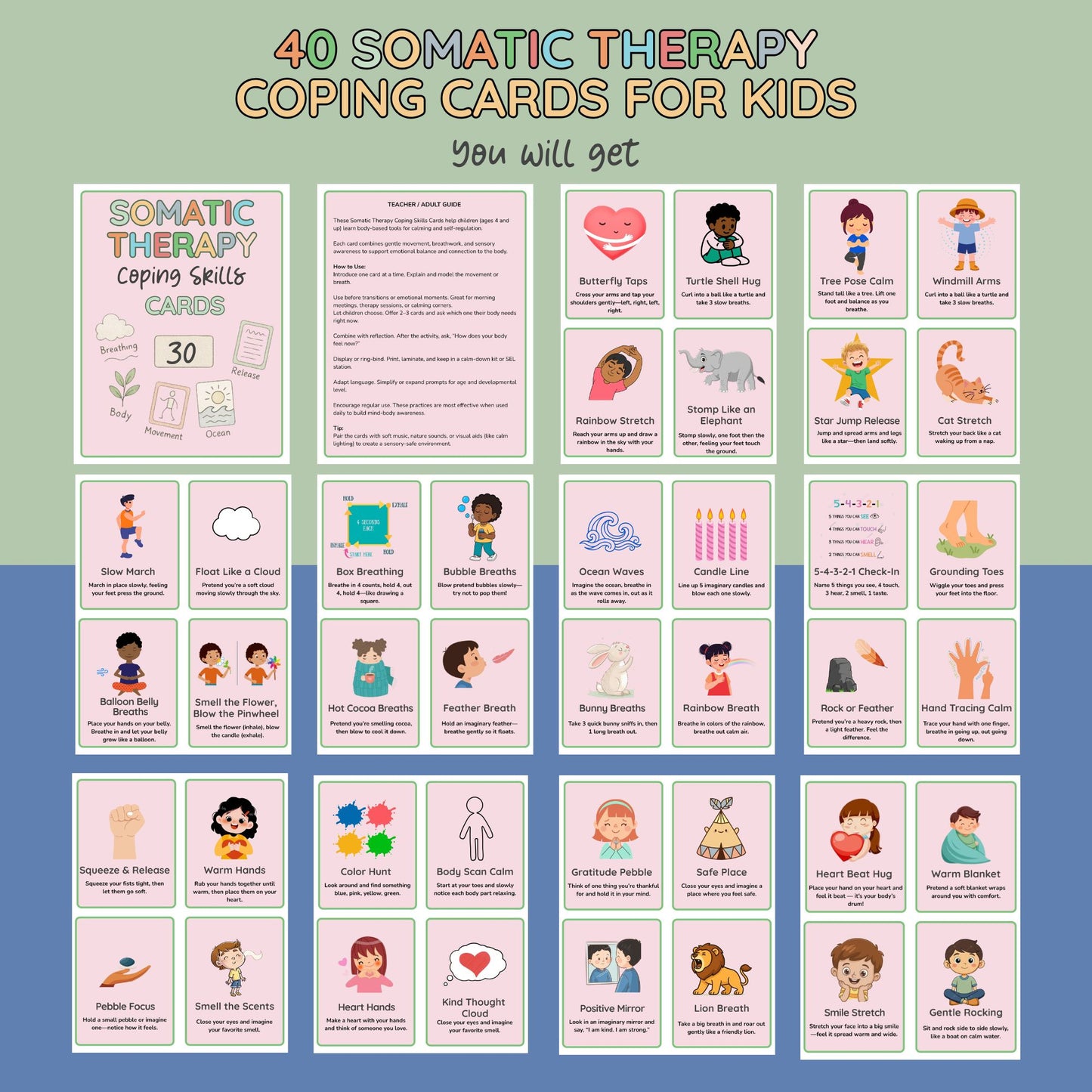 40 Somatic Therapy Coping Skills Cards for Kids | Nervous System Regulation, Polyvagal Grounding Activities, Emotional Regulation Tools