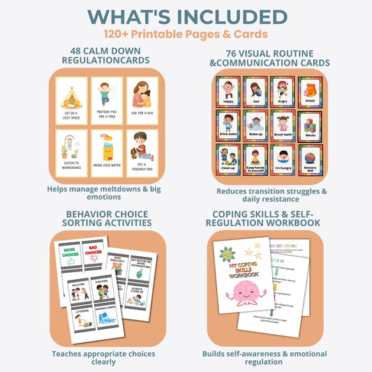 Autism ADHD printable bundle visual cards and coping workbook