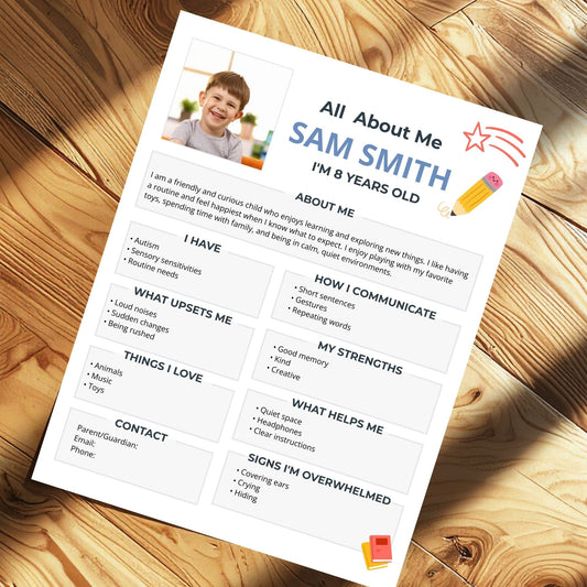 editable all about me worksheet canva template student profile autism classroom resource