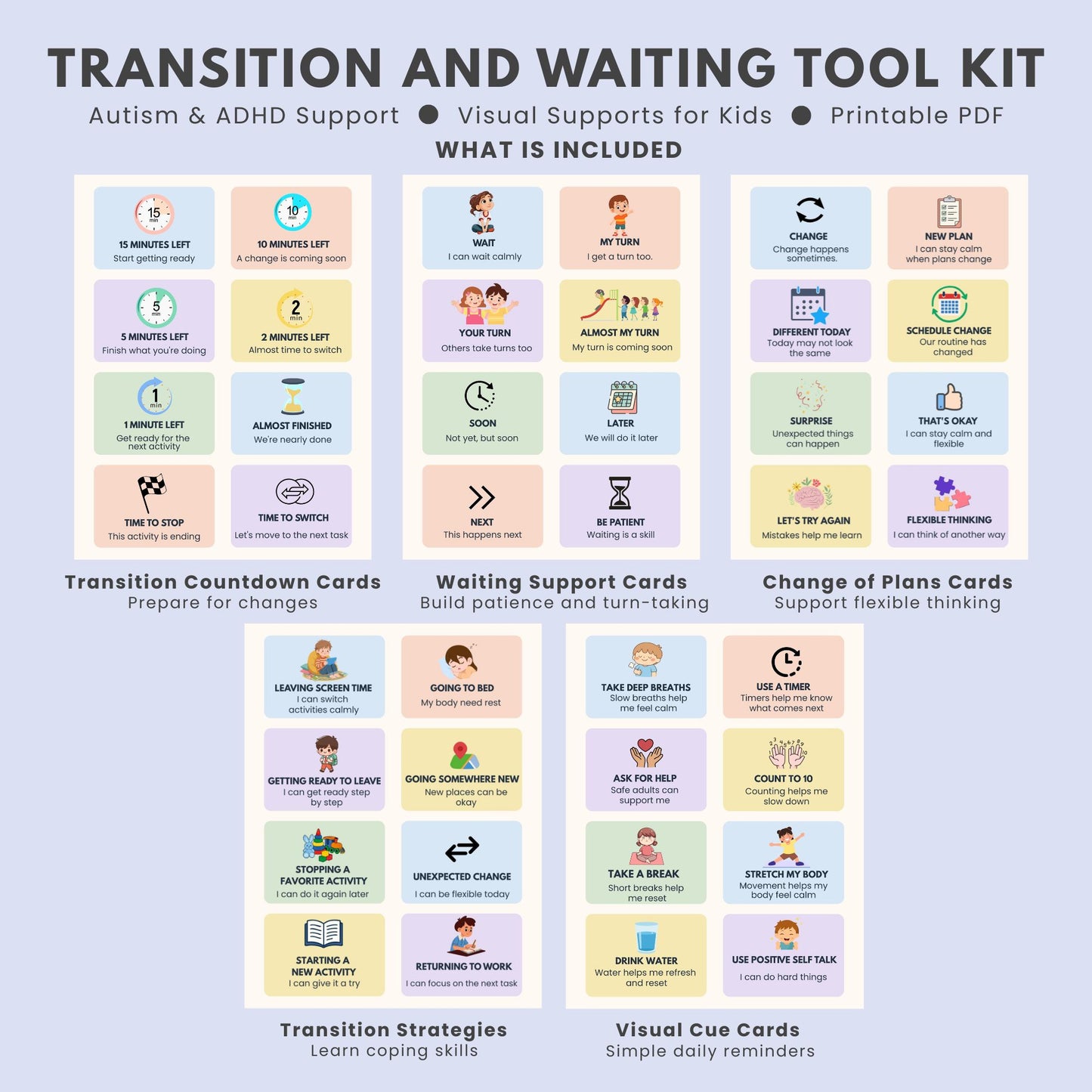 Autism ADHD visual support toolkit including transition cards, waiting cards, flexible thinking prompts, and coping strategy printables