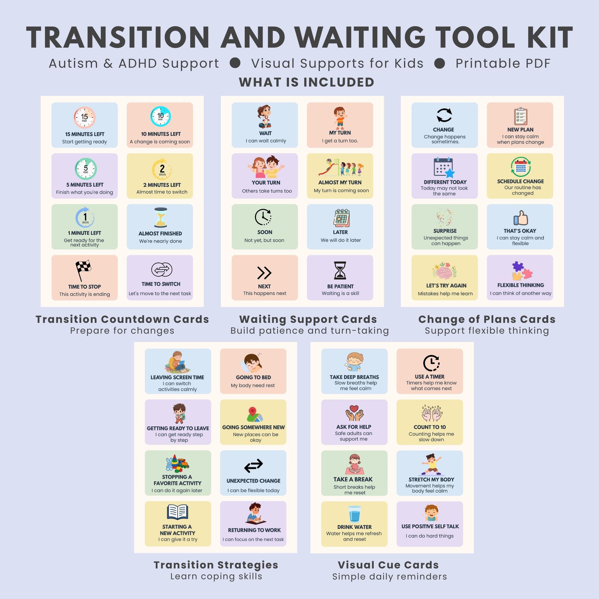 Autism ADHD visual support toolkit including transition cards, waiting cards, flexible thinking prompts, and coping strategy printables