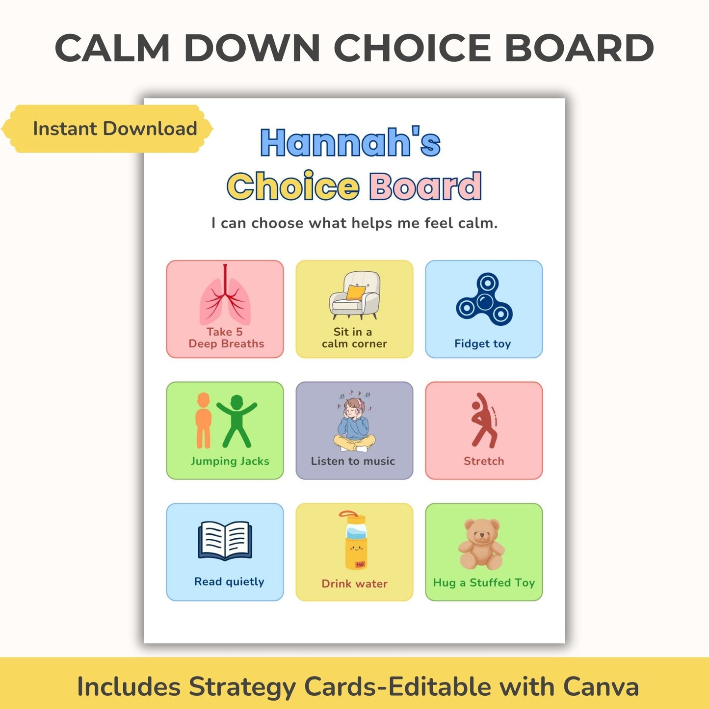 Printable calm down choice board for autism and ADHD emotional regulation