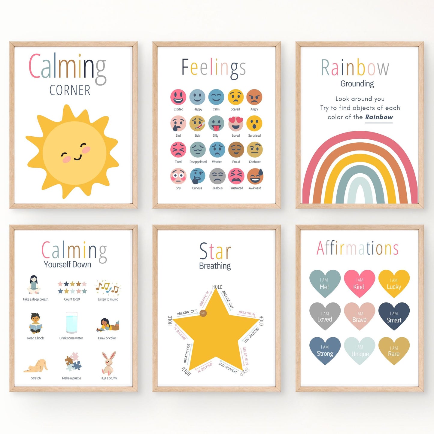 Set of 12 Soft Boho Calming Corner Posters Coping Techniques Wall Art for Kids Calm Down Skills Classroom Management Mental Health Prints