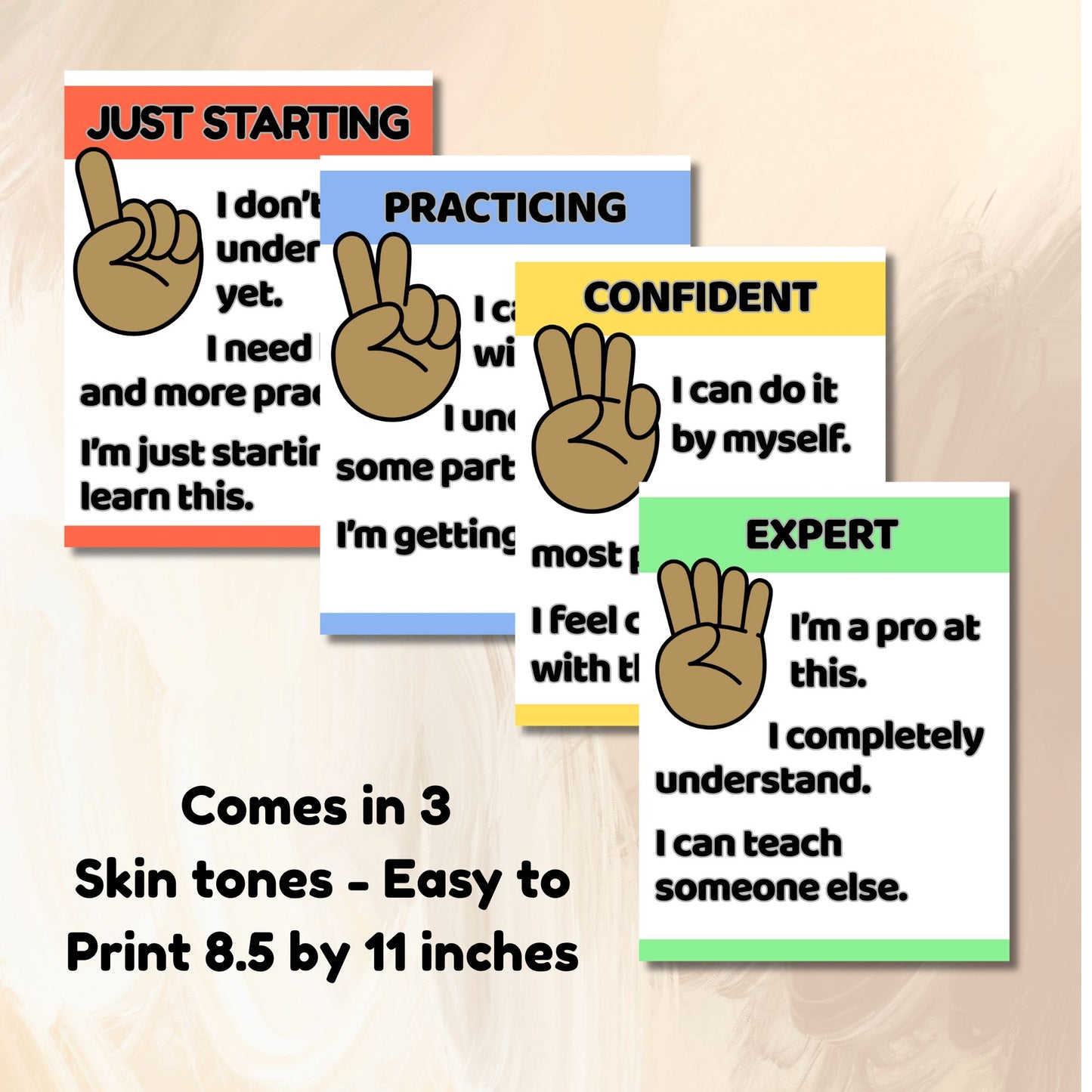 Levels of Understanding Posters for Classroom | Self-Assessment Hand Signs | Growth Mindset Decor | 3 Skin Tones Printable PDF