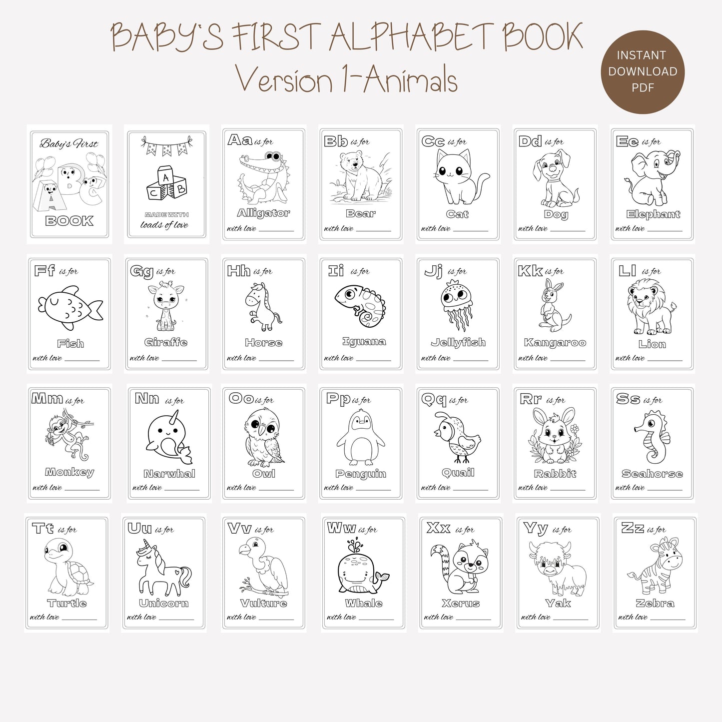 Baby's First ABC Book Baby Shower Alphabet Book Baby Shower Coloring Pages Baby Shower Coloring Book 3 Sizes Included + Cover Instant Download