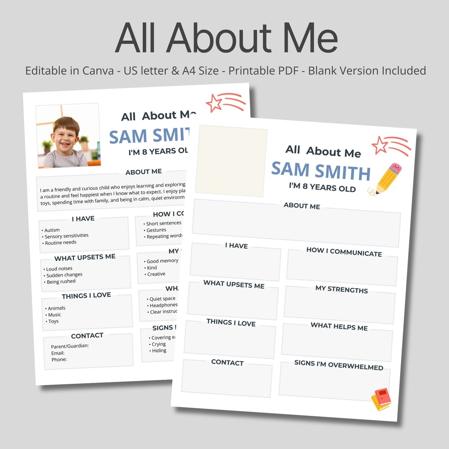 printable student profile worksheet for kids special education autism all about me sheet