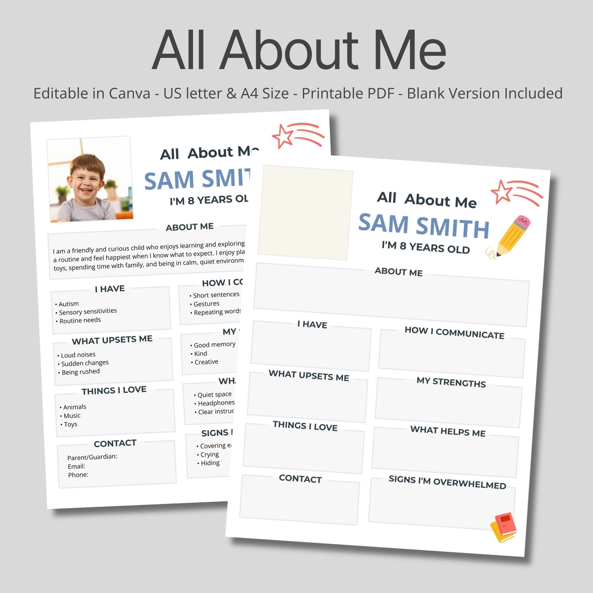 printable student profile worksheet for kids special education autism all about me sheet