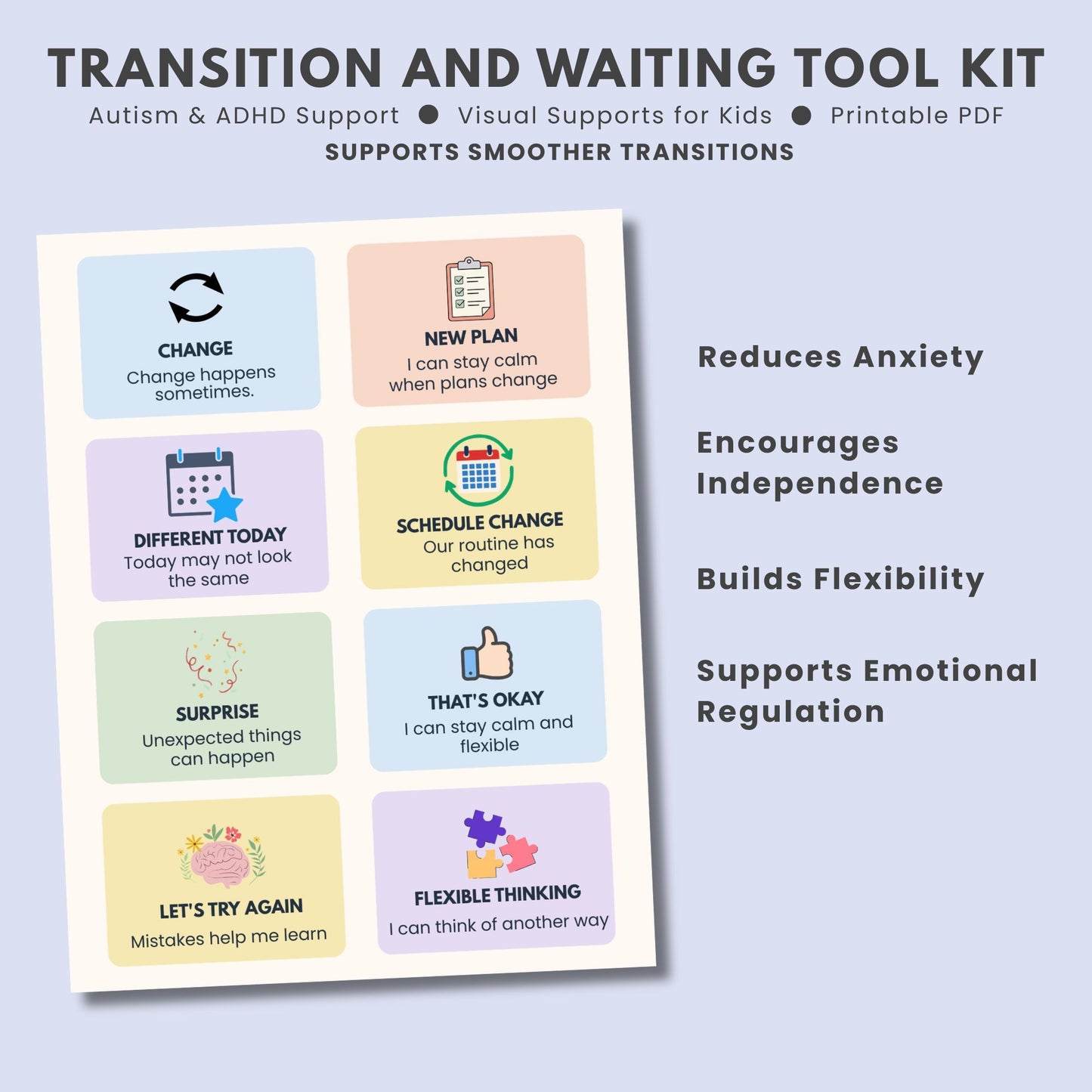 Printable transition countdown cards for autism and ADHD to help children prepare for routine changes and activity transitions