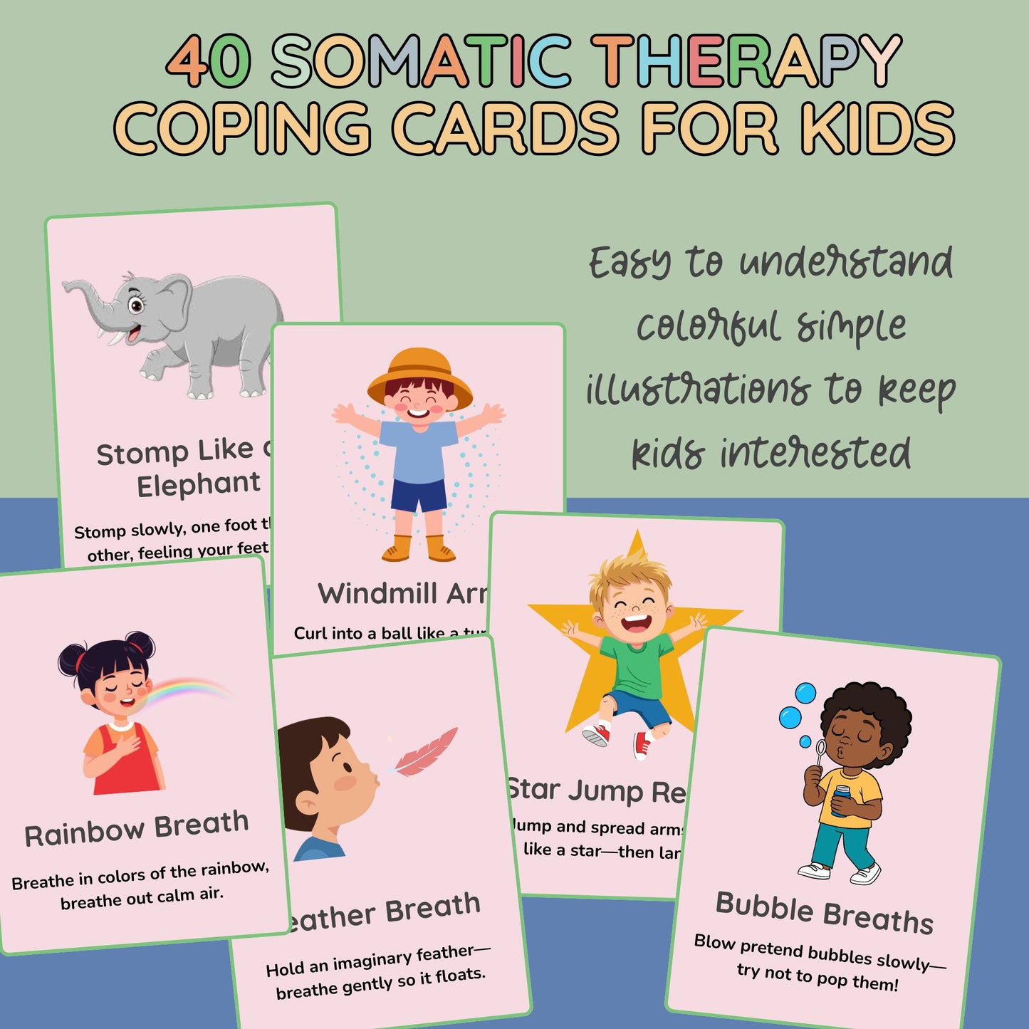 40 Somatic Therapy Coping Skills Cards for Kids | Nervous System Regulation, Polyvagal Grounding Activities, Emotional Regulation Tools