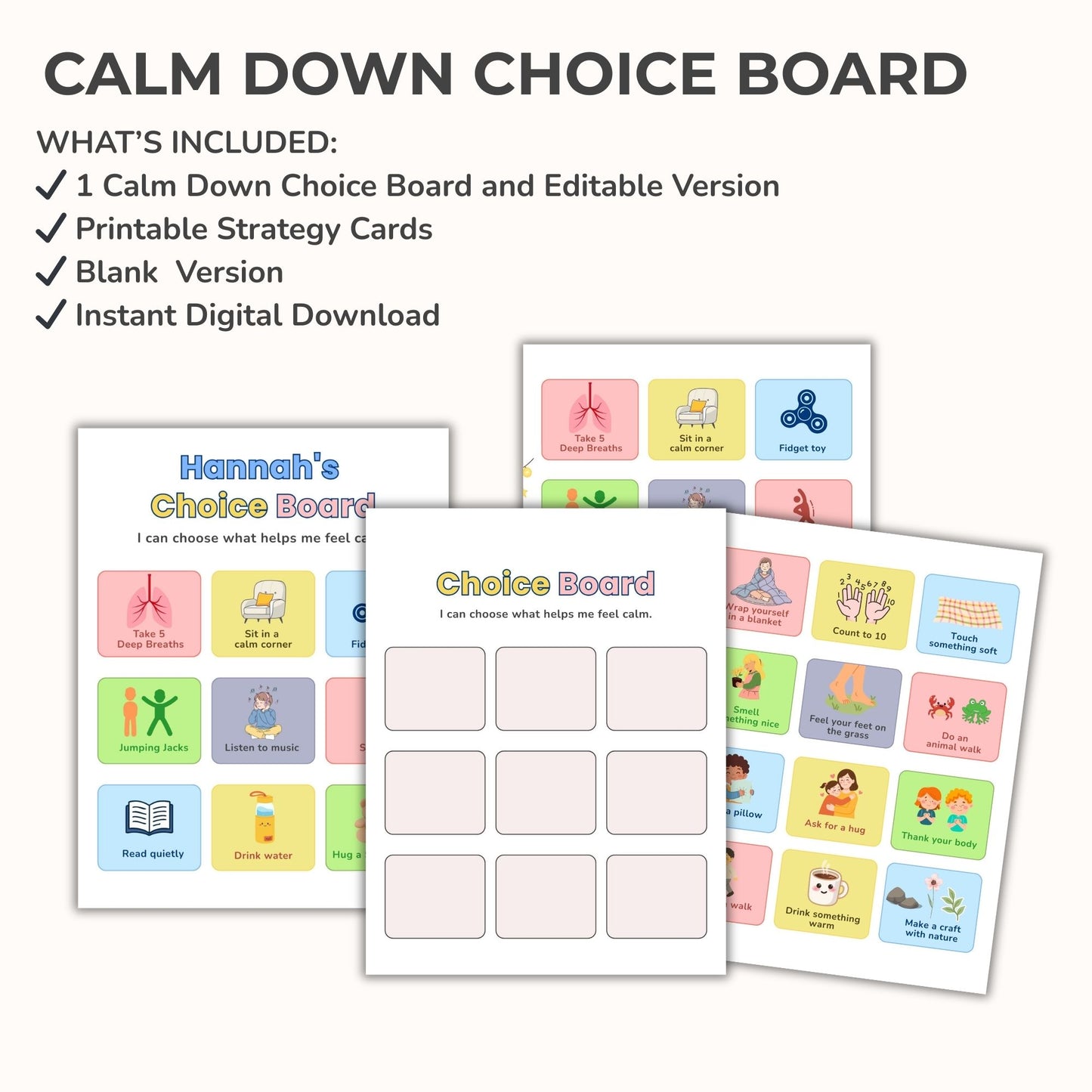 Printable emotional regulation choice board with calming strategy cards