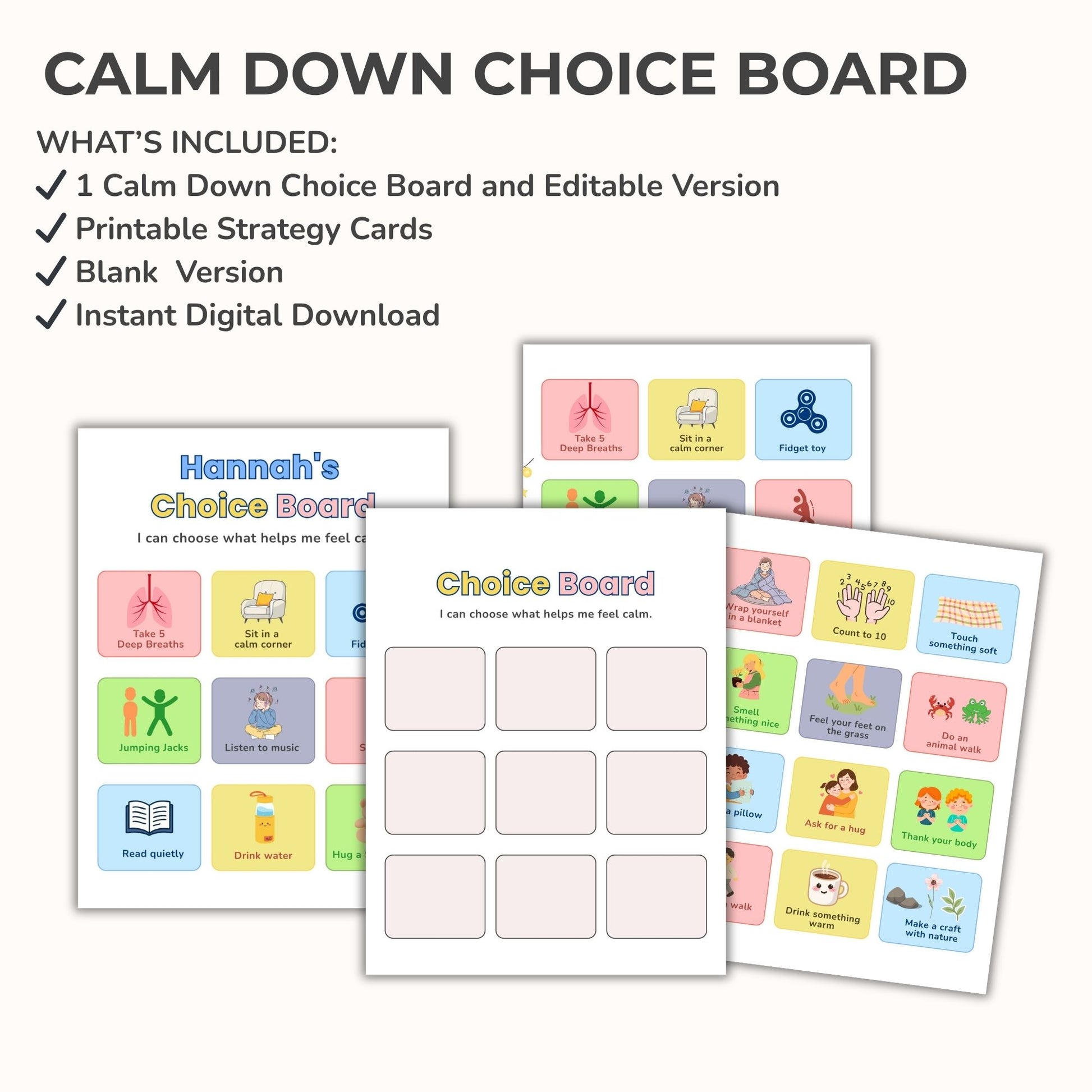 Printable emotional regulation choice board with calming strategy cards