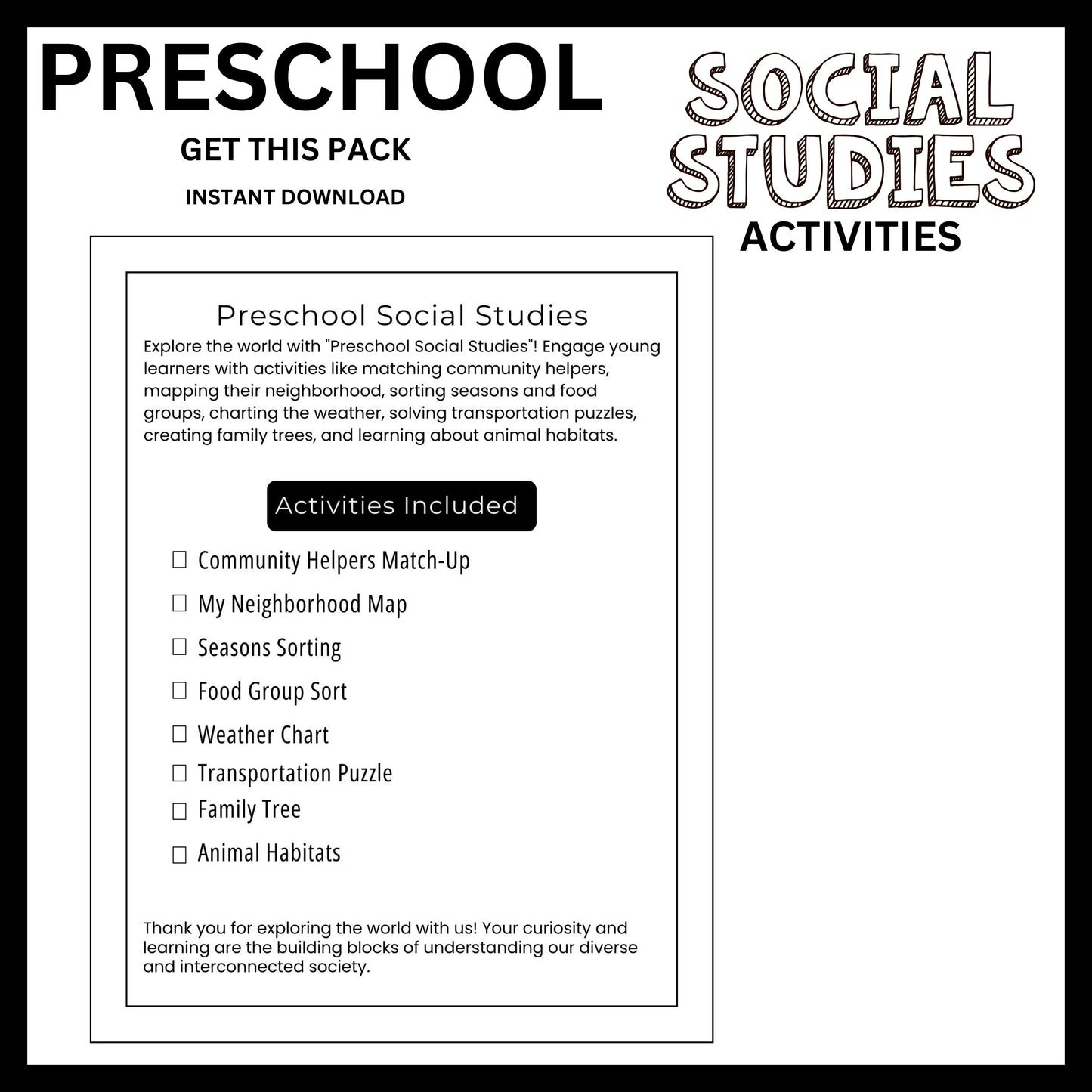 Preschool Social Studies Busy Book Printable Interactive Learning Binder for Homeschool Kids Map Skills and Social Studies Unit