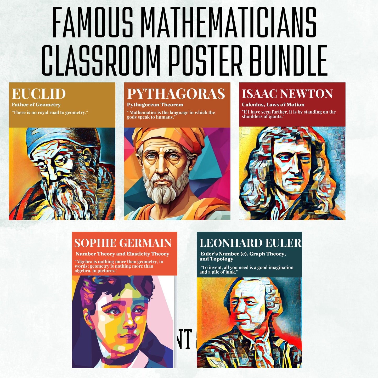 Famous Mathematicians Posters Set  of 15 Inspiring Classroom Decor Math Bulletin Board Mathematics Posters Mathematicians Quotes Bundle Geometry Physics Calculus Posters Maths Teacher Wall Art Newton Euclid