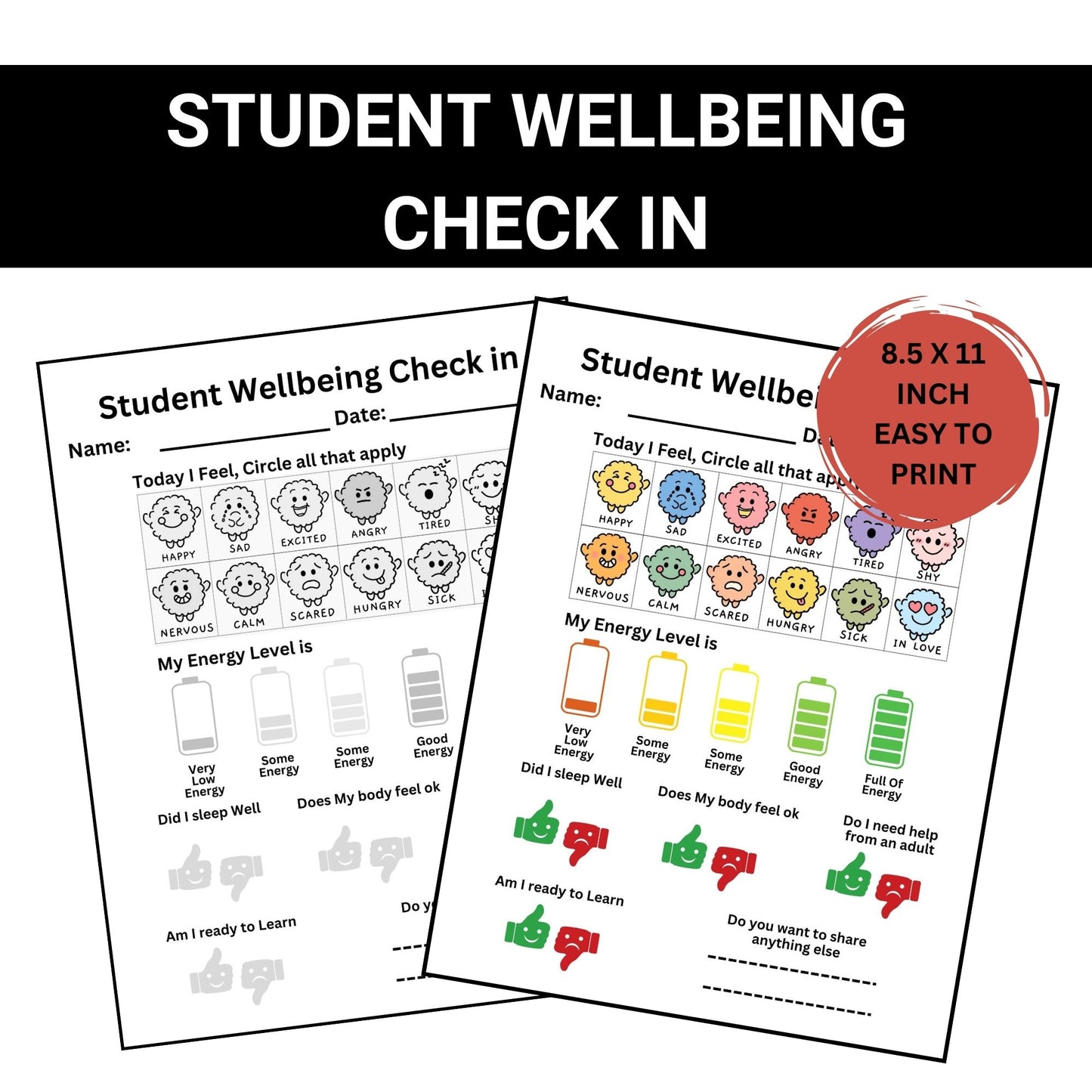 Student Wellness Check-In Sheet | Daily Wellbeing & Emotions Tracker | Teacher Resource for Elementary Students