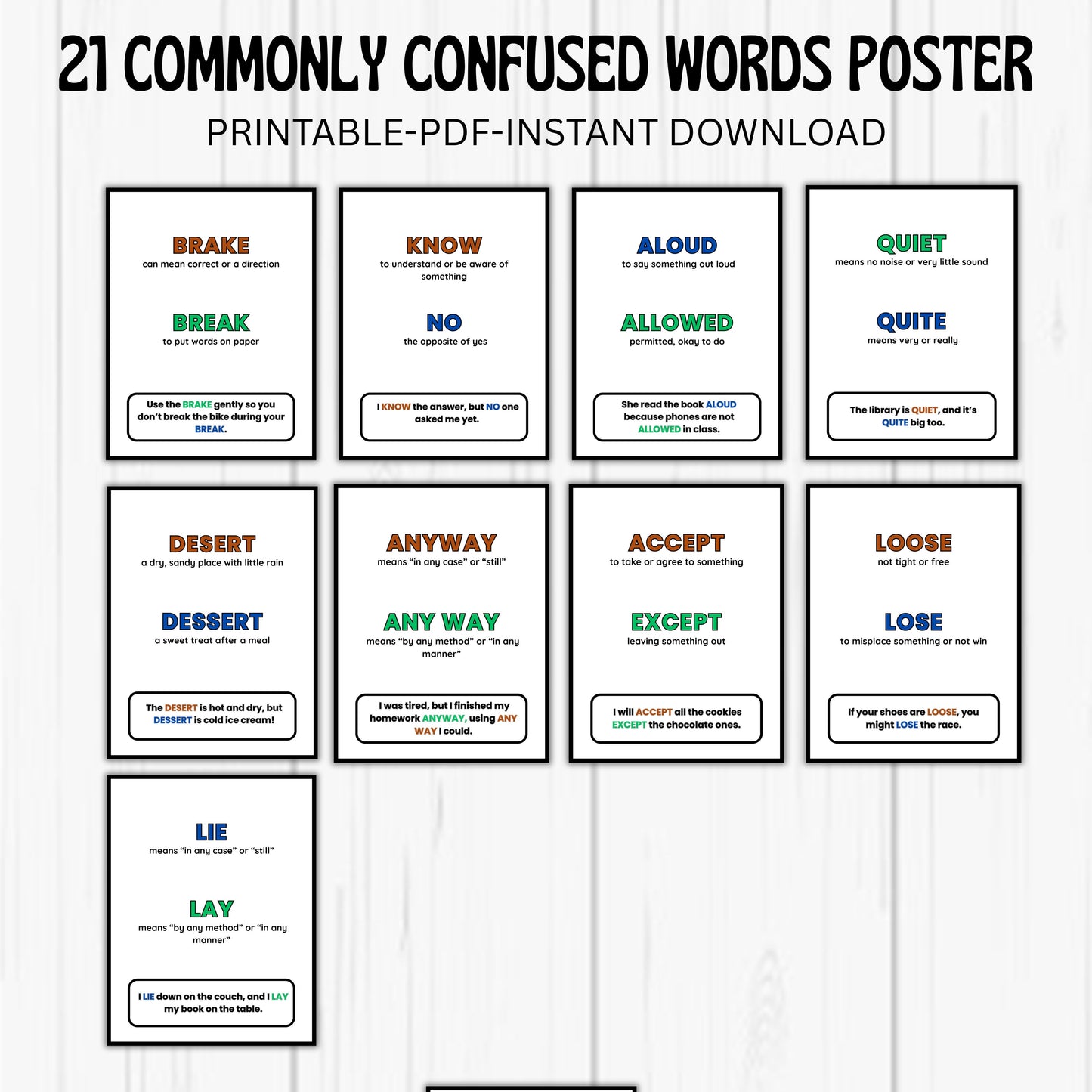 21 Commonly Confused Words Posters | Grammar Anchor Charts for Elementary Classroom and Homeschool