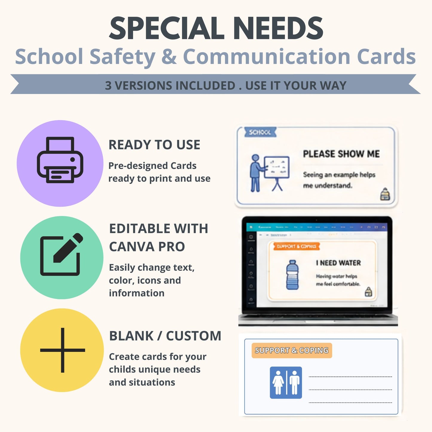 Three versions of autism communication cards including ready-to-use, editable Canva and blank custom cards