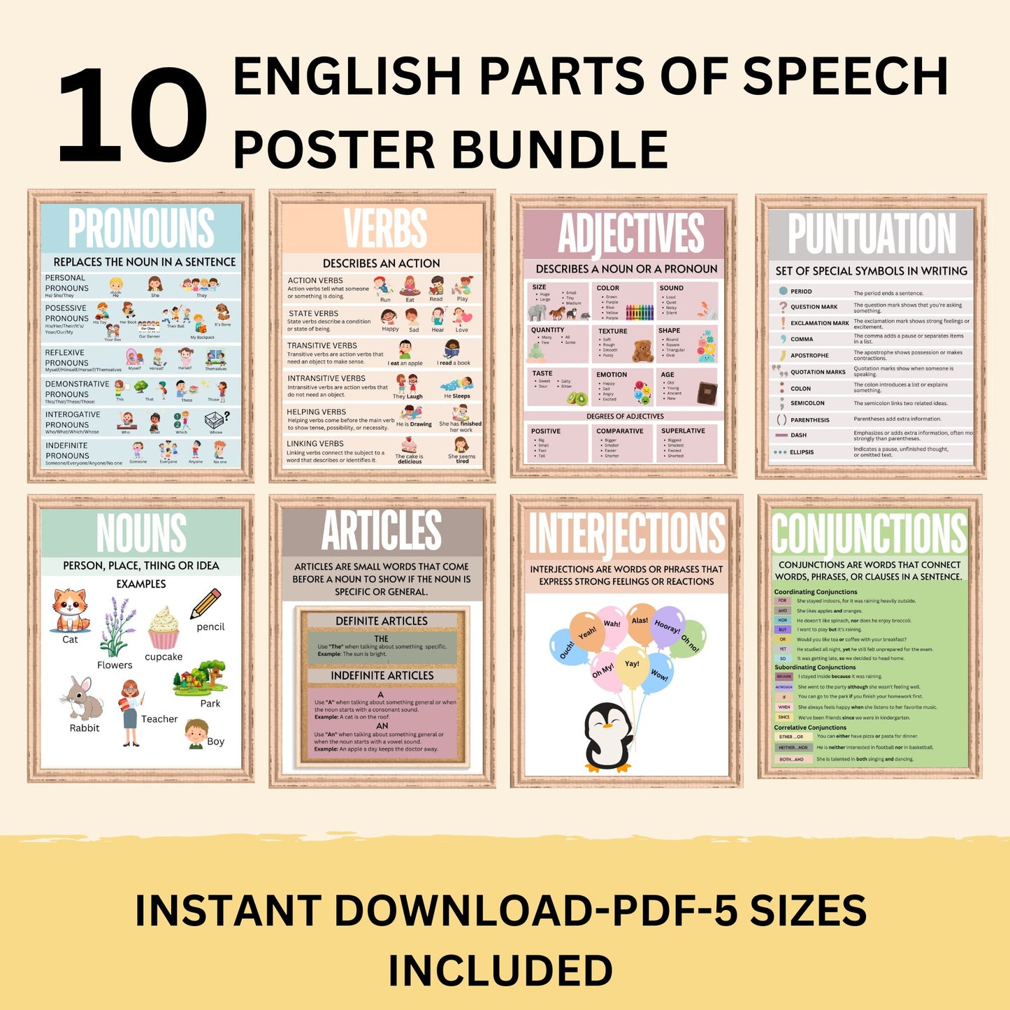 English Classroom Poster Bundle Bulletin Board Parts of Speech Pastel Boho Classroom Decor Modern English Classroom Posters Elementary