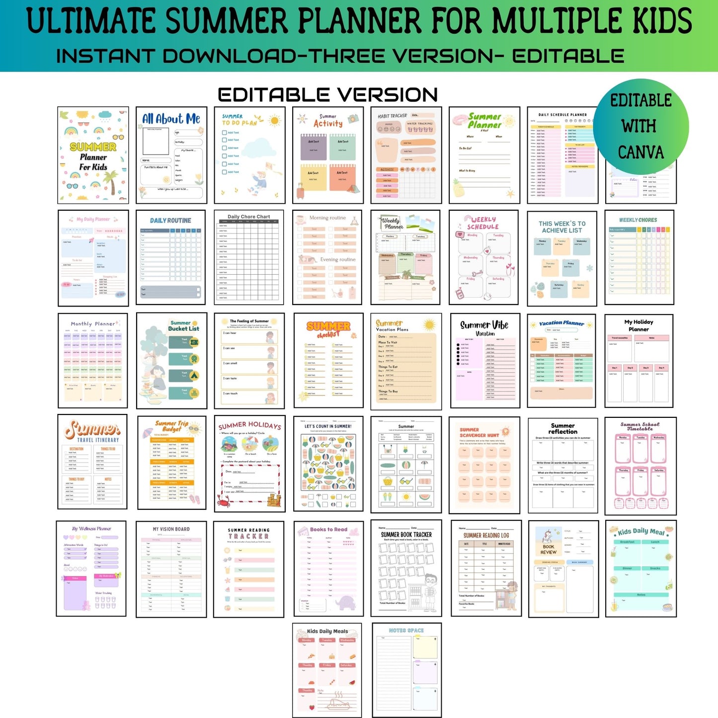 Printable Editable Summer Planner Bundle | Summer Calendar, Checklist & Chore Chart for Multiple Kids