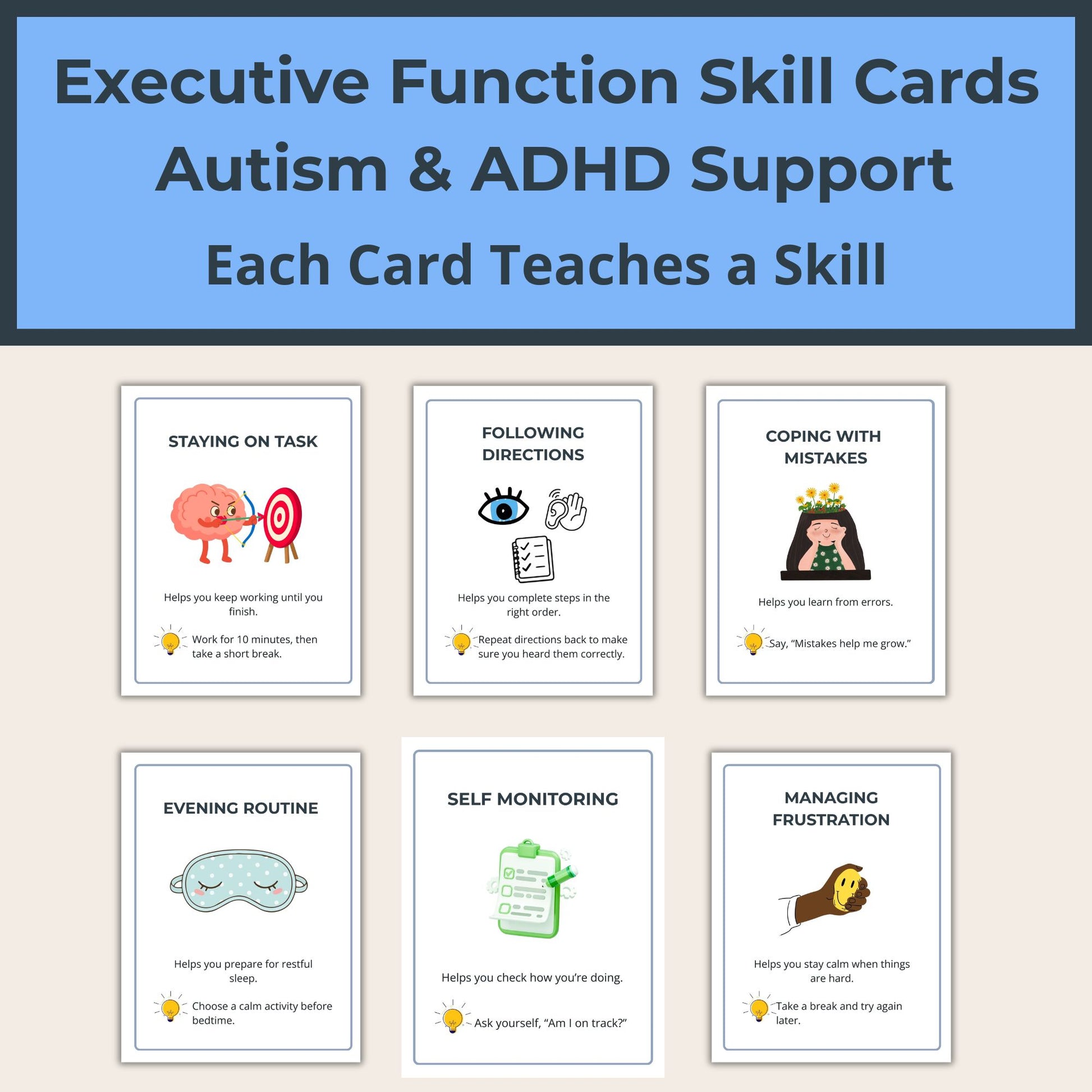 ADHD executive function printable cards for focus organization and planning