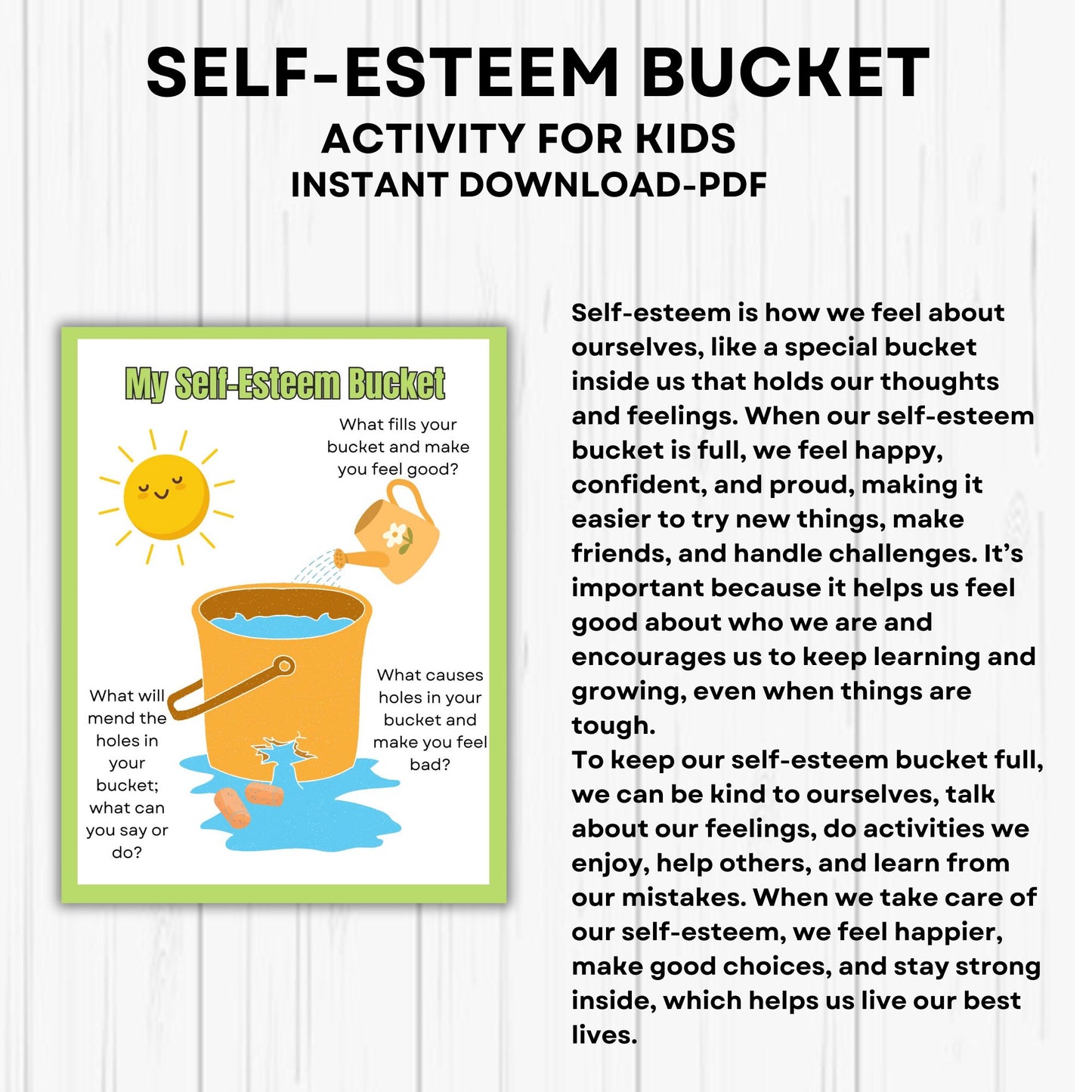 The self esteem bucket self worth self love confidence activity for kids therapy worksheets affirmations school counselling resources SEL