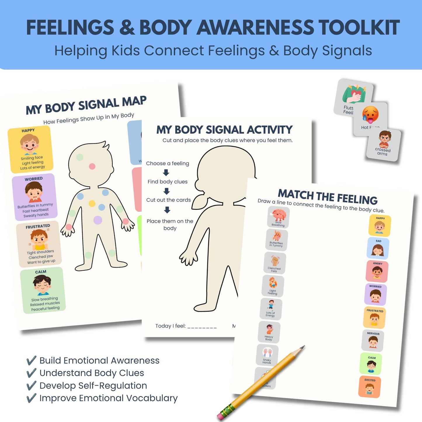Body signal cards for emotional regulation, interoception, autism support, and ADHD support