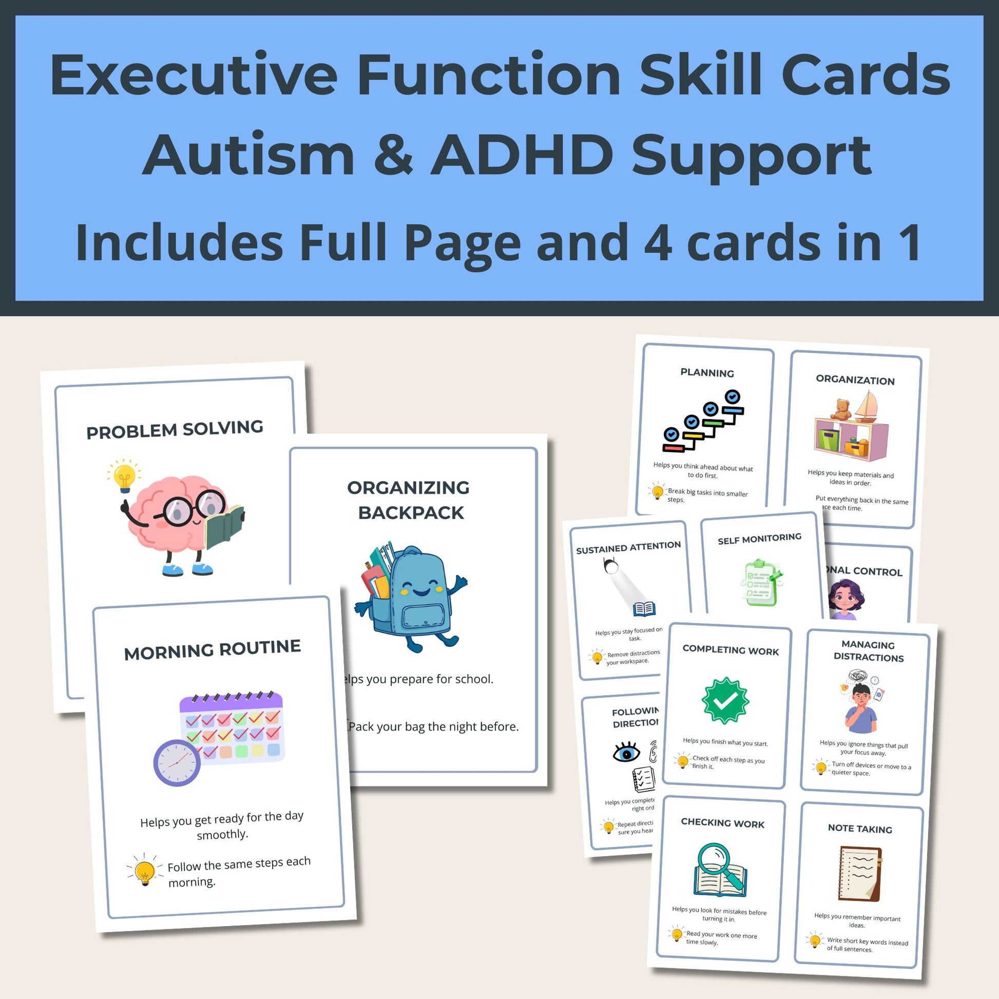 Autism executive function skill cards with strategies and definitions