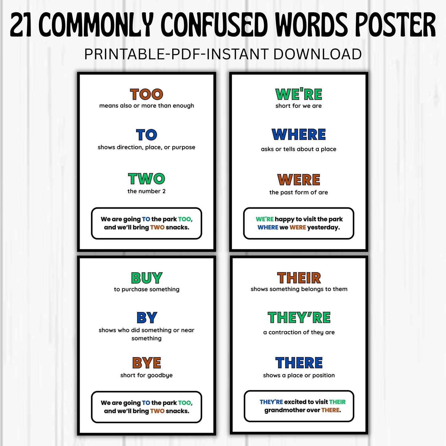 21 Commonly Confused Words Posters | Grammar Anchor Charts for Elementary Classroom and Homeschool