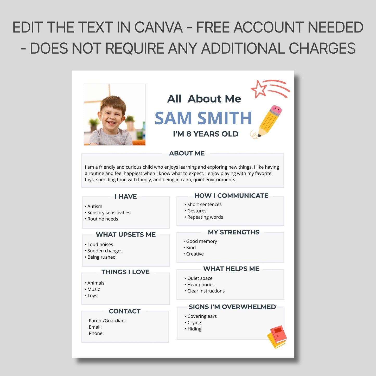 student profile worksheet communication strengths triggers supports autism printable