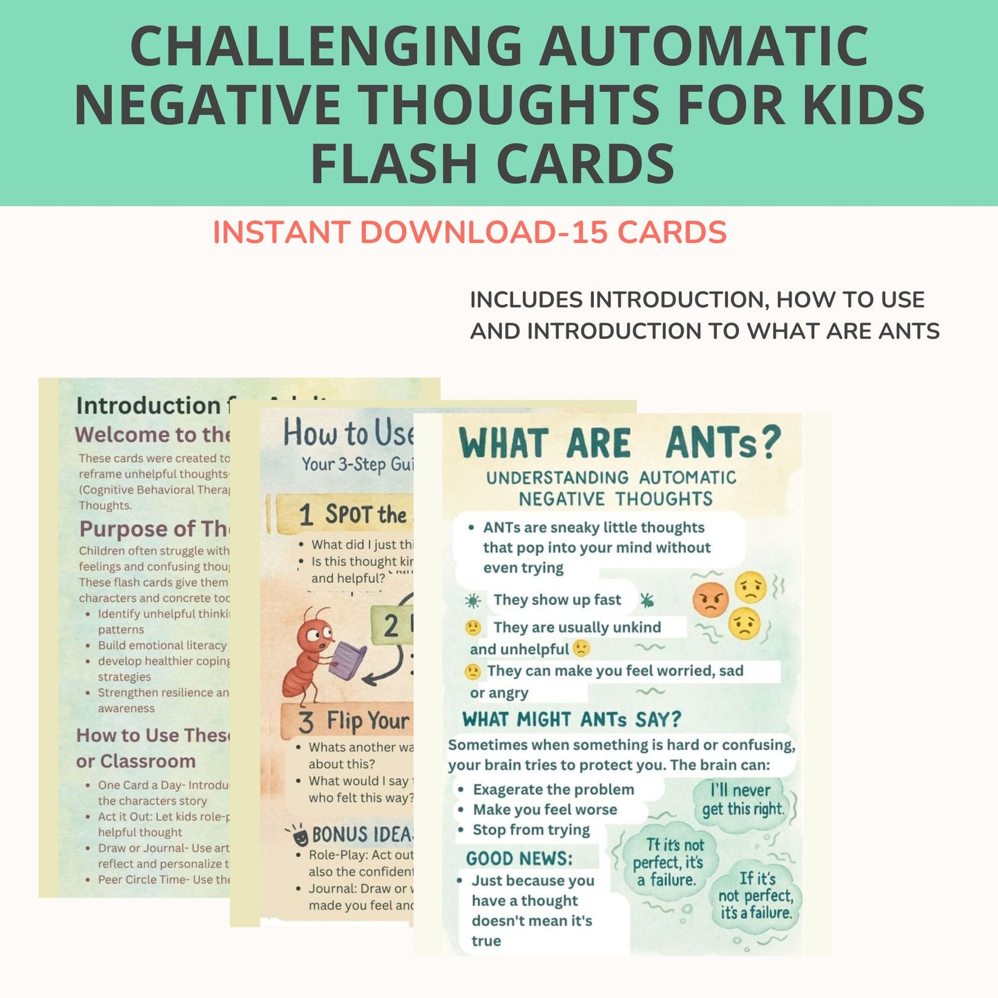 Automatic Negative Thoughts (ANT) Cards for Kids | CBT Therapy Flashcards for Anxiety and ADHD