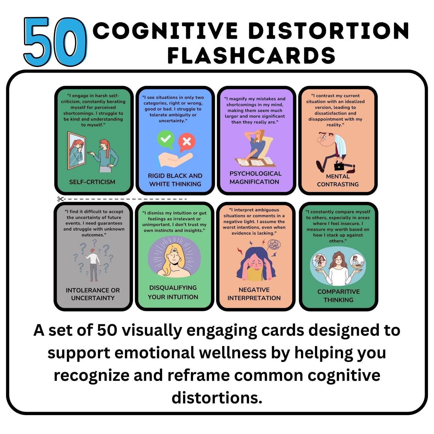Cognitive Distortion Cards – CBT Therapy Cards for Cognitive Behavioral Therapy, Cognitive Biases, Mental Health Worksheets, Therapy Tools