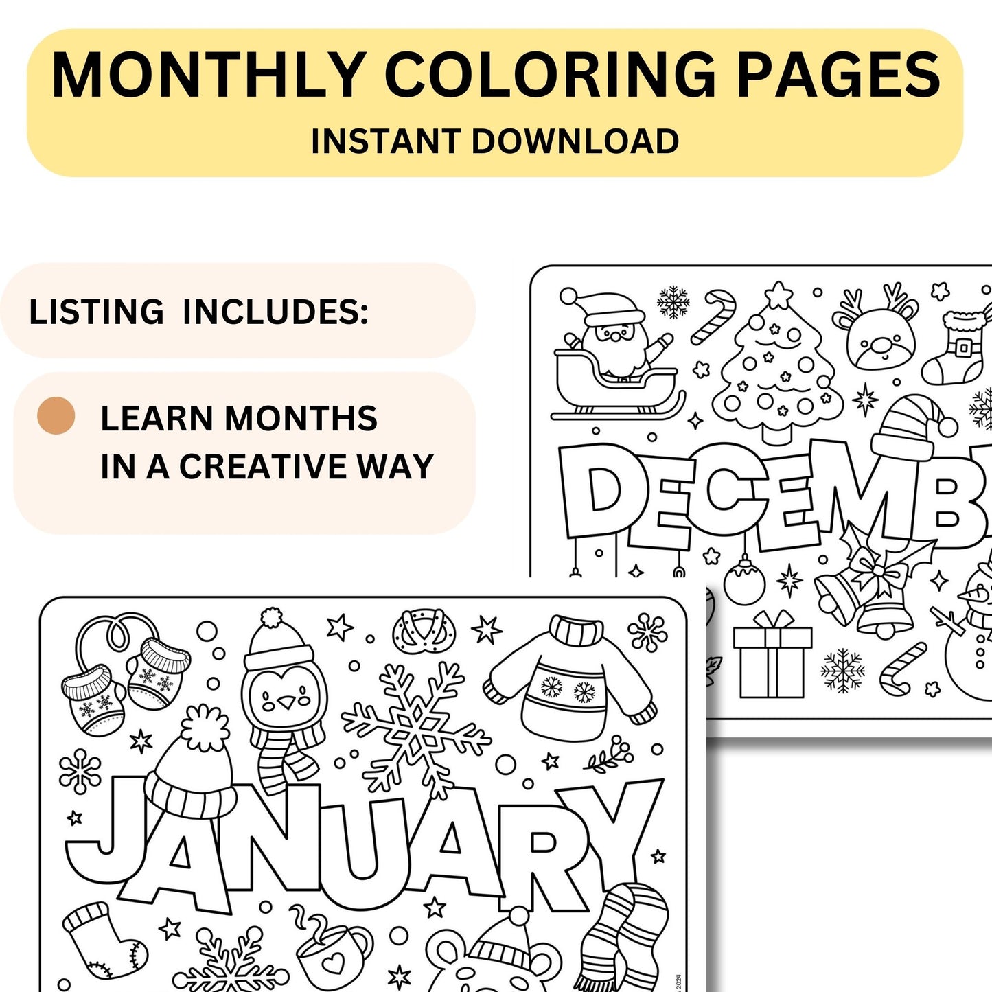 All 12 Months Color Sheets | Monthly Coloring Pages January Through December | Digital Downloads for Preschool Learning