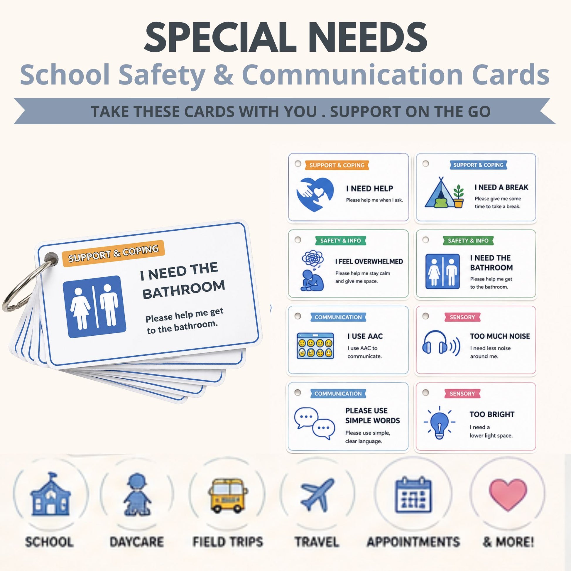 Autism visual communication cards for asking for help, taking a break, extra time, headphones and quiet space