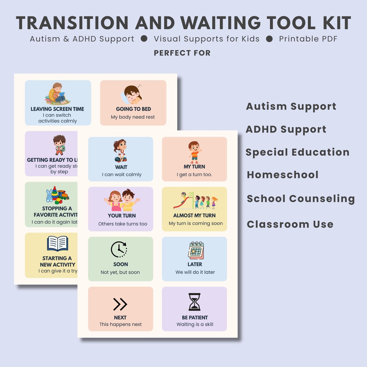 Waiting visual support cards teaching patience, turn taking, and waiting skills for children with autism and ADHD