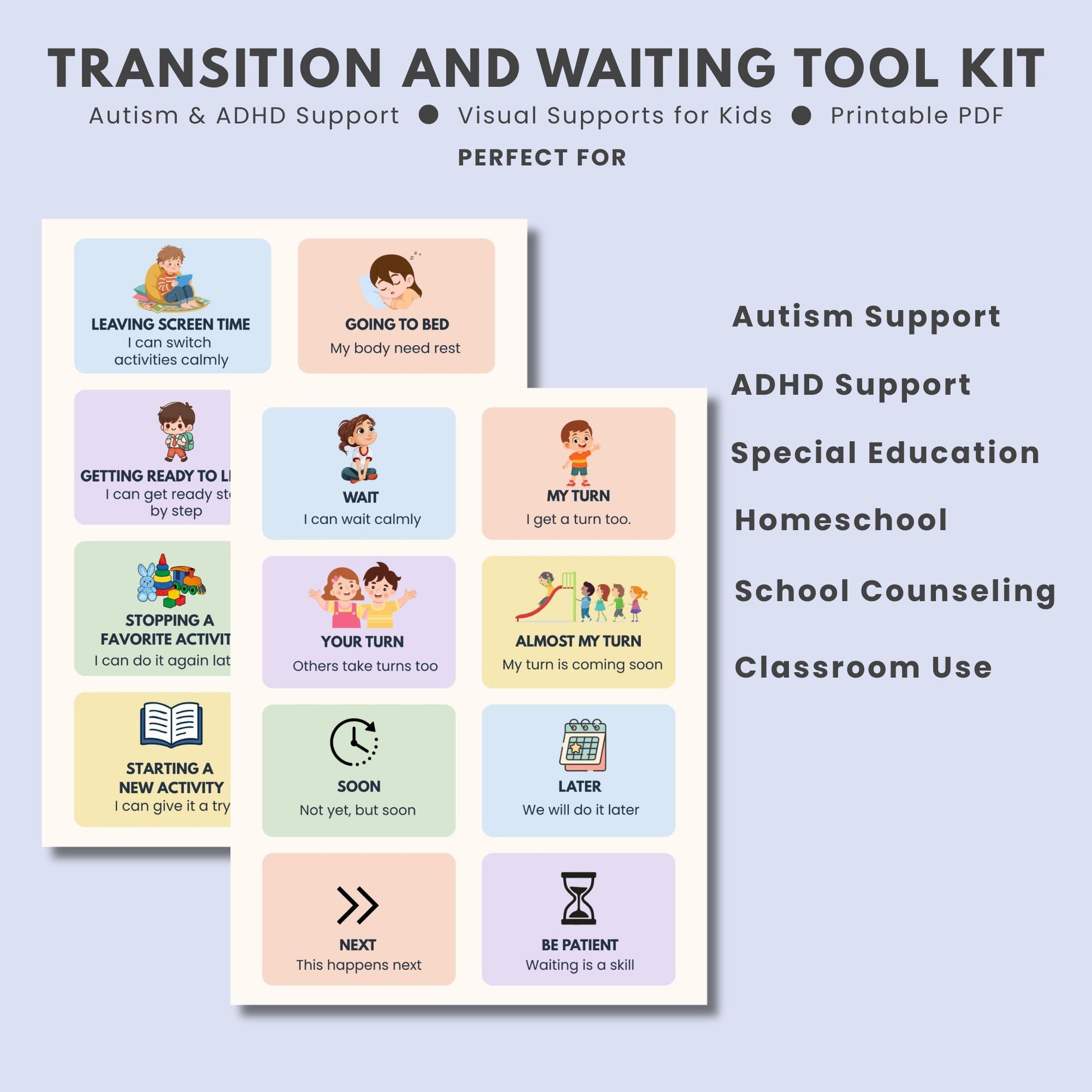 Waiting visual support cards teaching patience, turn taking, and waiting skills for children with autism and ADHD