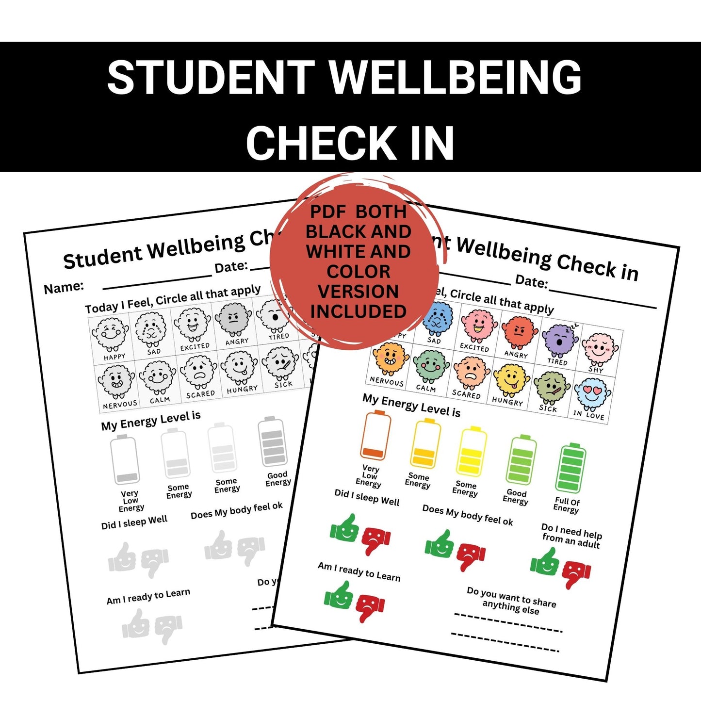 Student Wellness Check-In Sheet | Daily Wellbeing & Emotions Tracker | Teacher Resource for Elementary Students