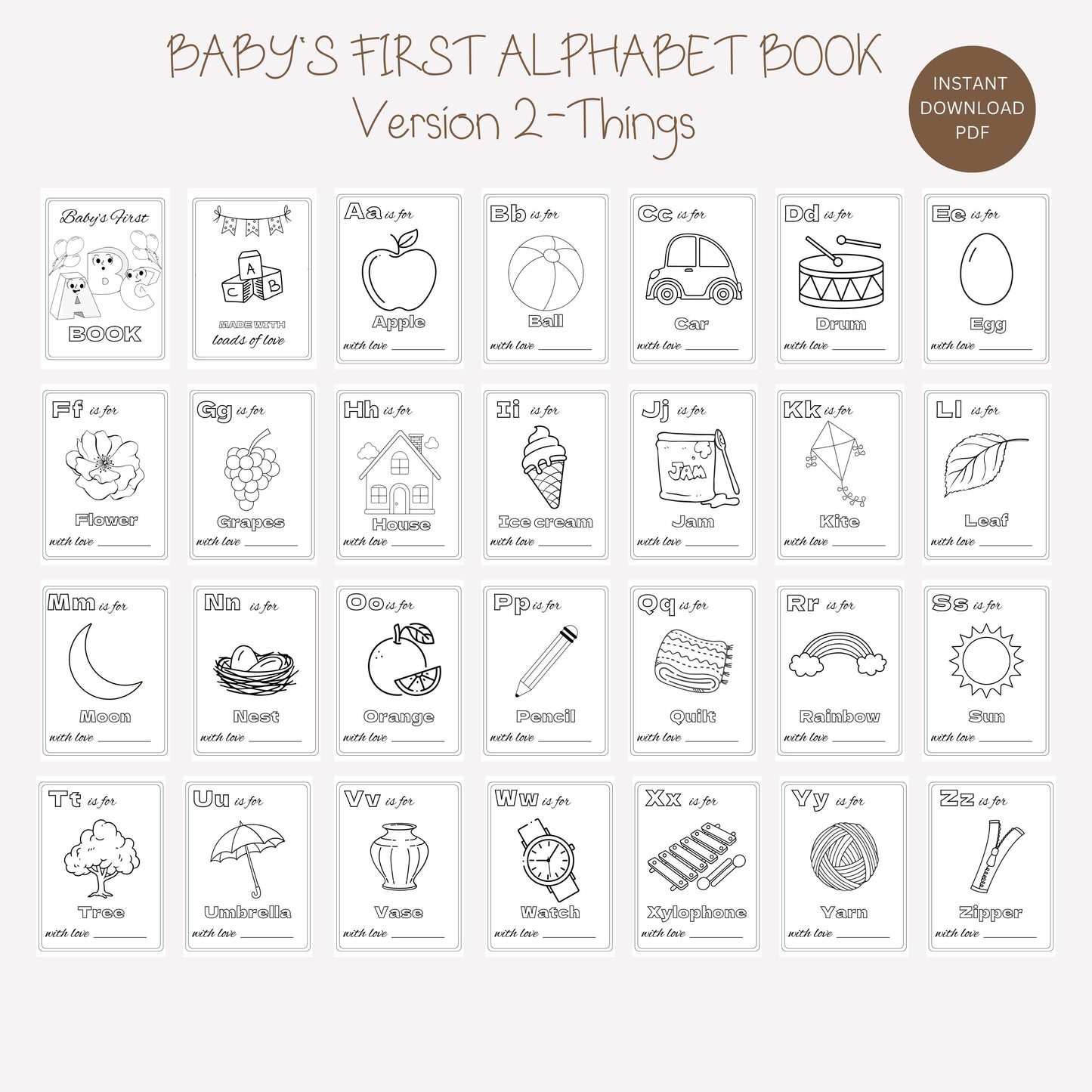 Baby's First ABC Book Baby Shower Alphabet Book Baby Shower Coloring Pages Baby Shower Coloring Book 3 Sizes Included + Cover Instant Download