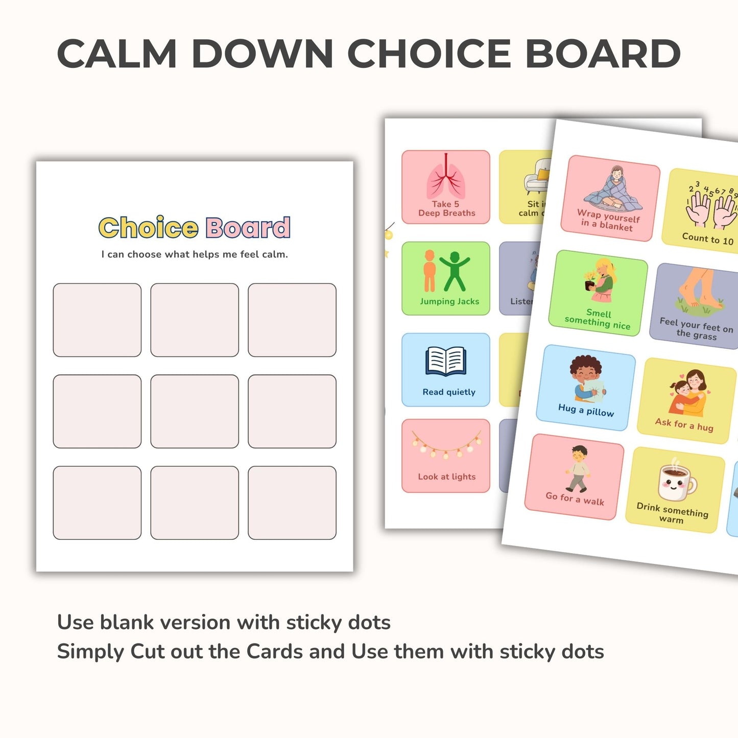 Calm Down Choice Board for Autism & ADHD | Printable Visual Behavior Support Chart Editable Canva Template