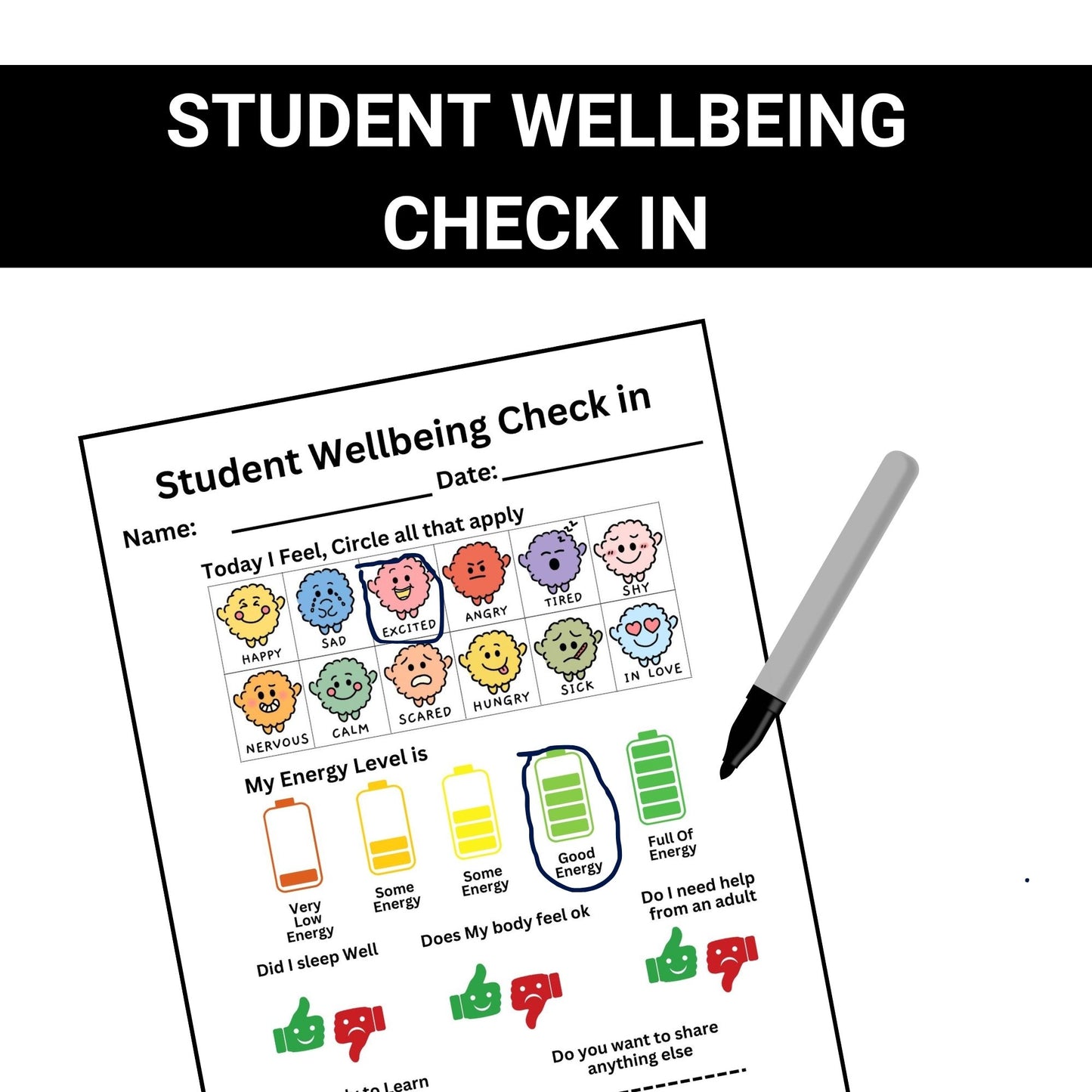 Student Wellness Check-In Sheet | Daily Wellbeing & Emotions Tracker | Teacher Resource for Elementary Students