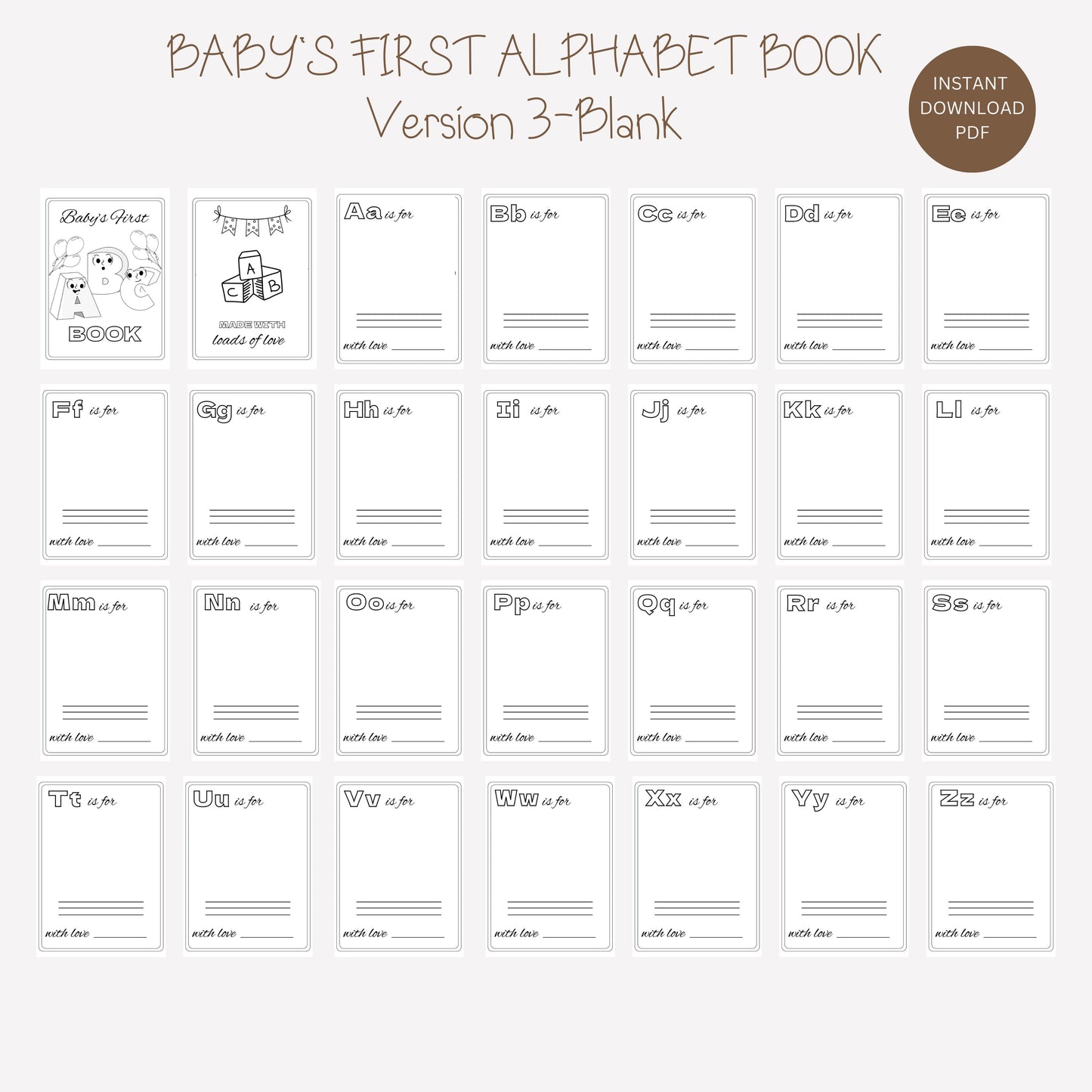 Baby's First ABC Book Baby Shower Alphabet Book Baby Shower Coloring Pages Baby Shower Coloring Book 3 Sizes Included + Cover Instant Download