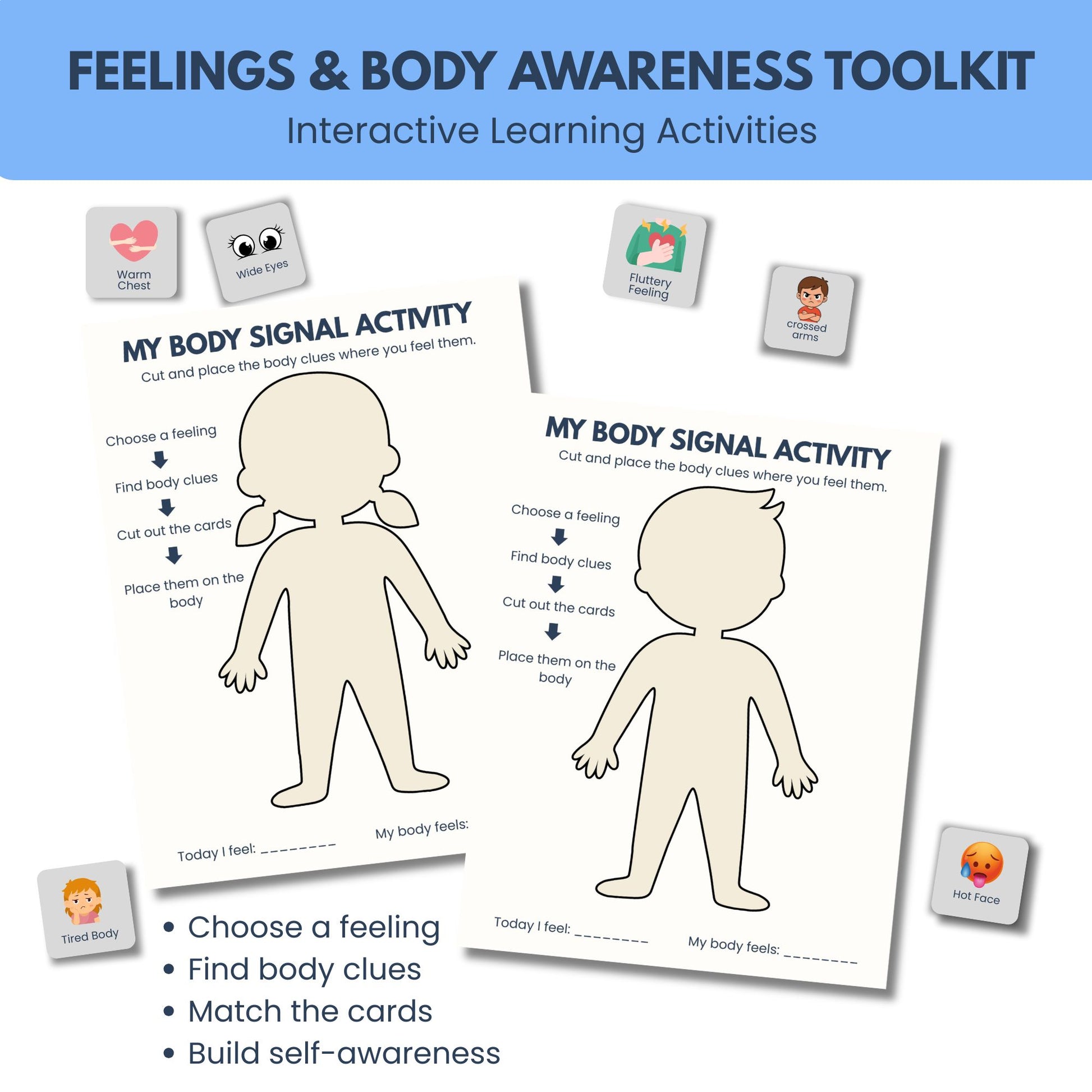 Emotional regulation worksheet helping children reflect on feelings and body signals
