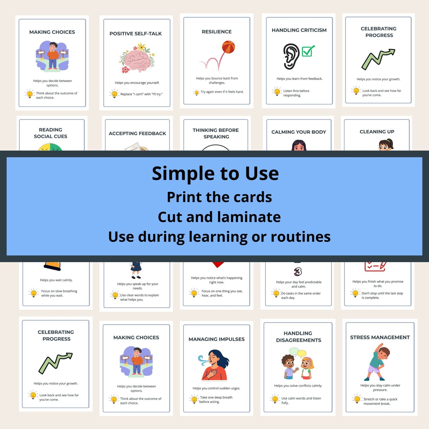 Printable executive function teaching cards for classrooms and therapy