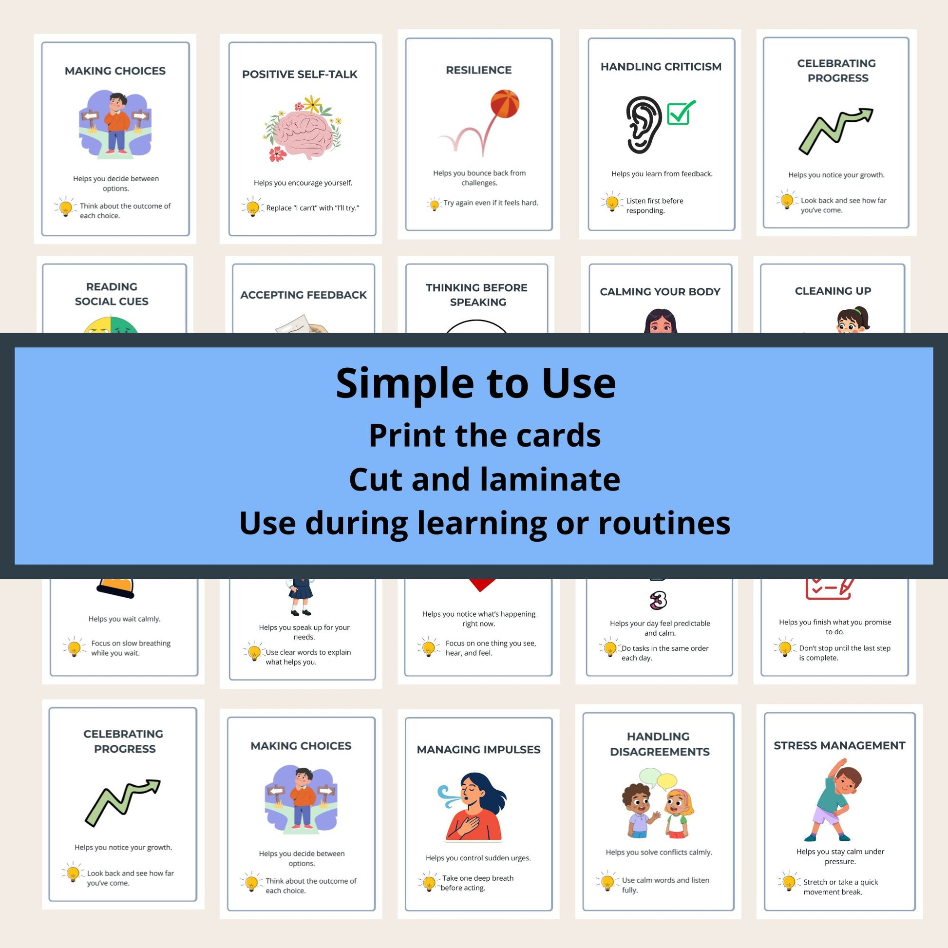 Printable executive function teaching cards for classrooms and therapy